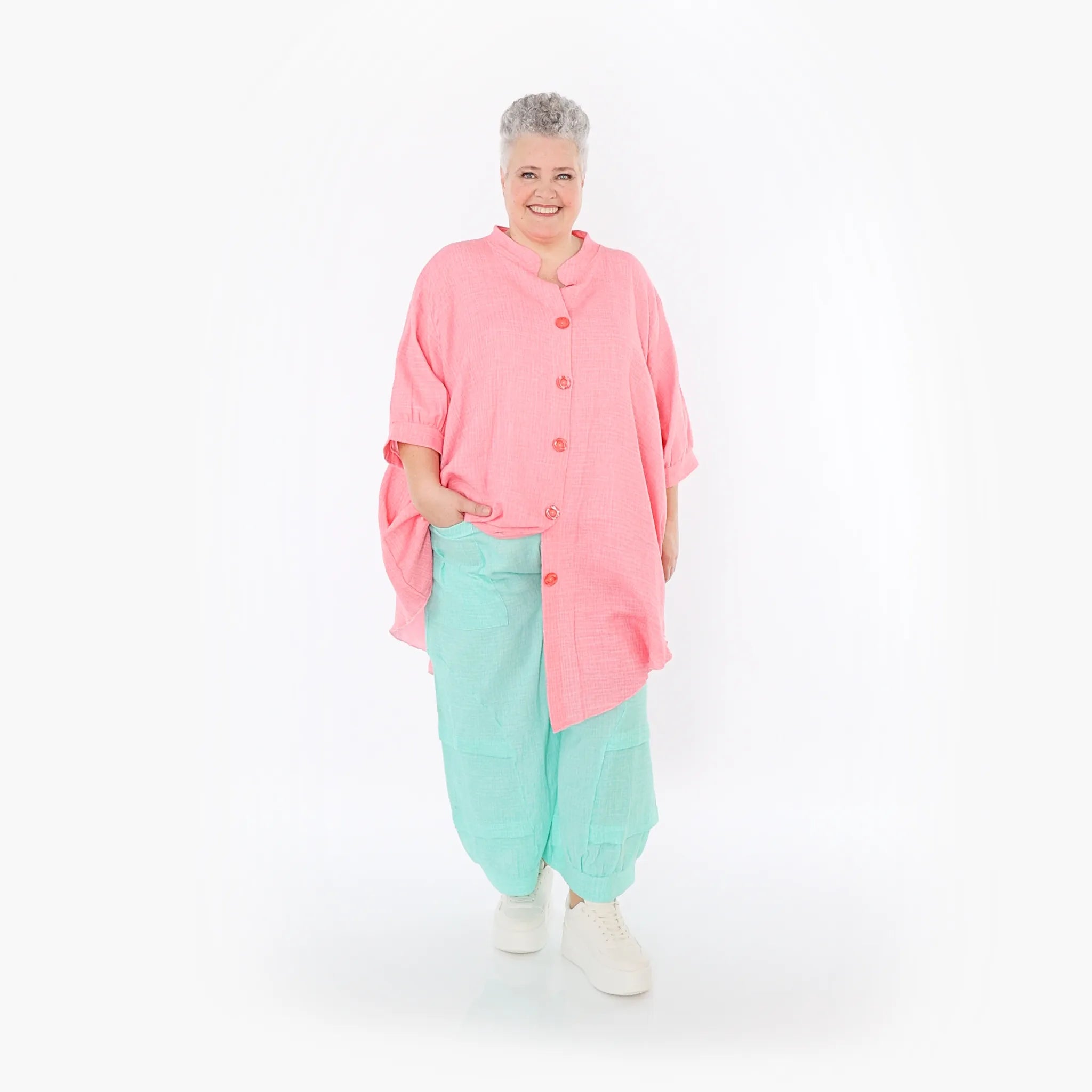  AKH Fashion Bluse in gerundeter Form, aus Baumwolle, 1501.07106, Rosa, Ausgefallen, Schick