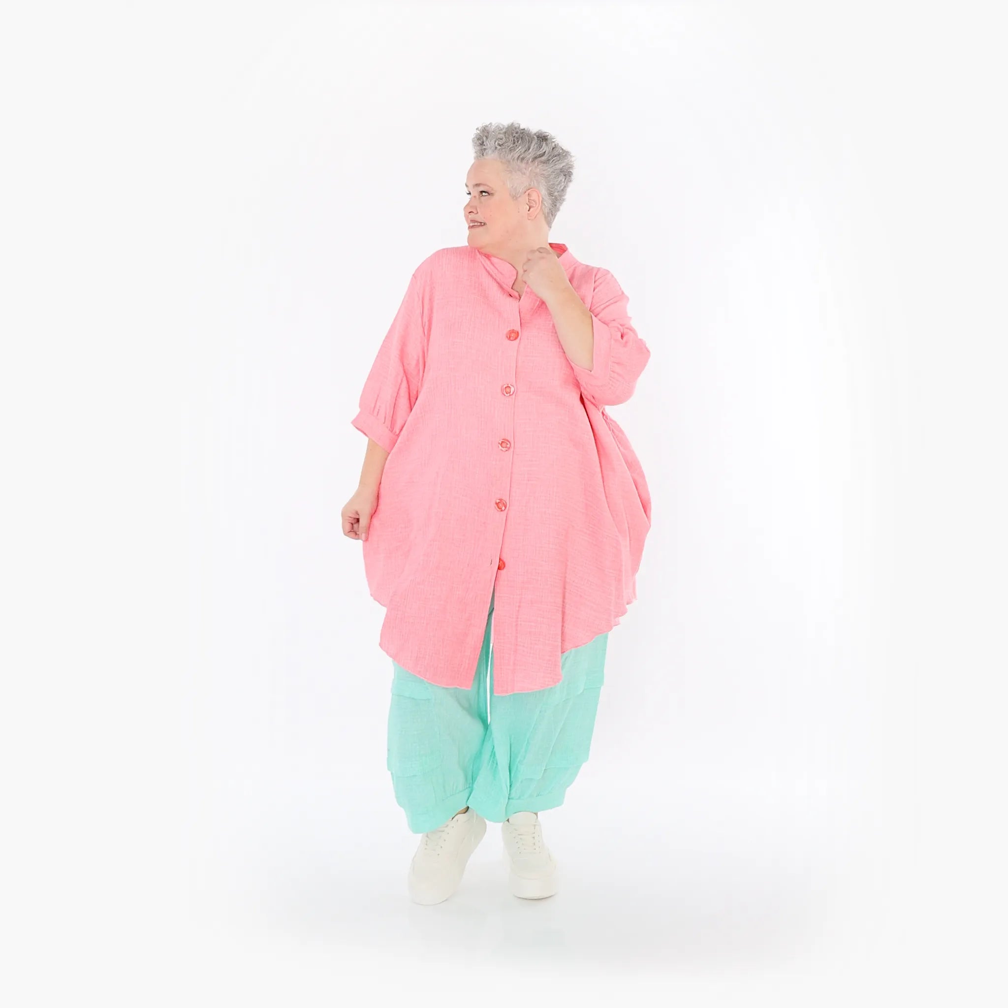  AKH Fashion Bluse in gerundeter Form, aus Baumwolle, 1501.07106, Rosa, Ausgefallen, Schick