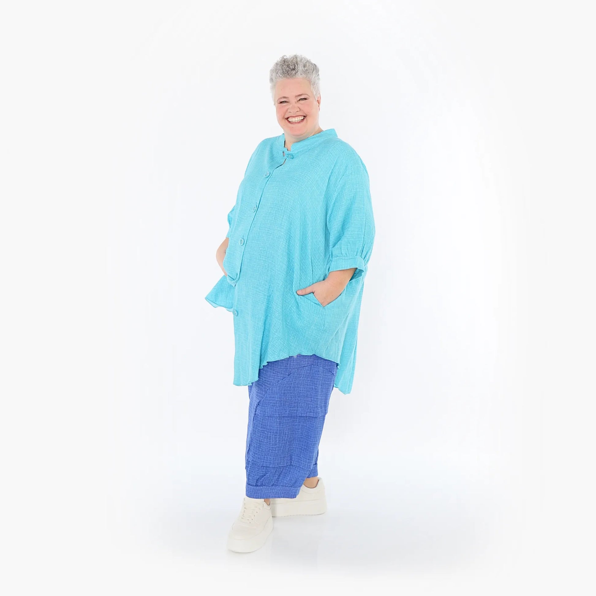  AKH Fashion Bluse in gerundeter Form, aus Baumwolle, 1501.07106, Türkis, Ausgefallen