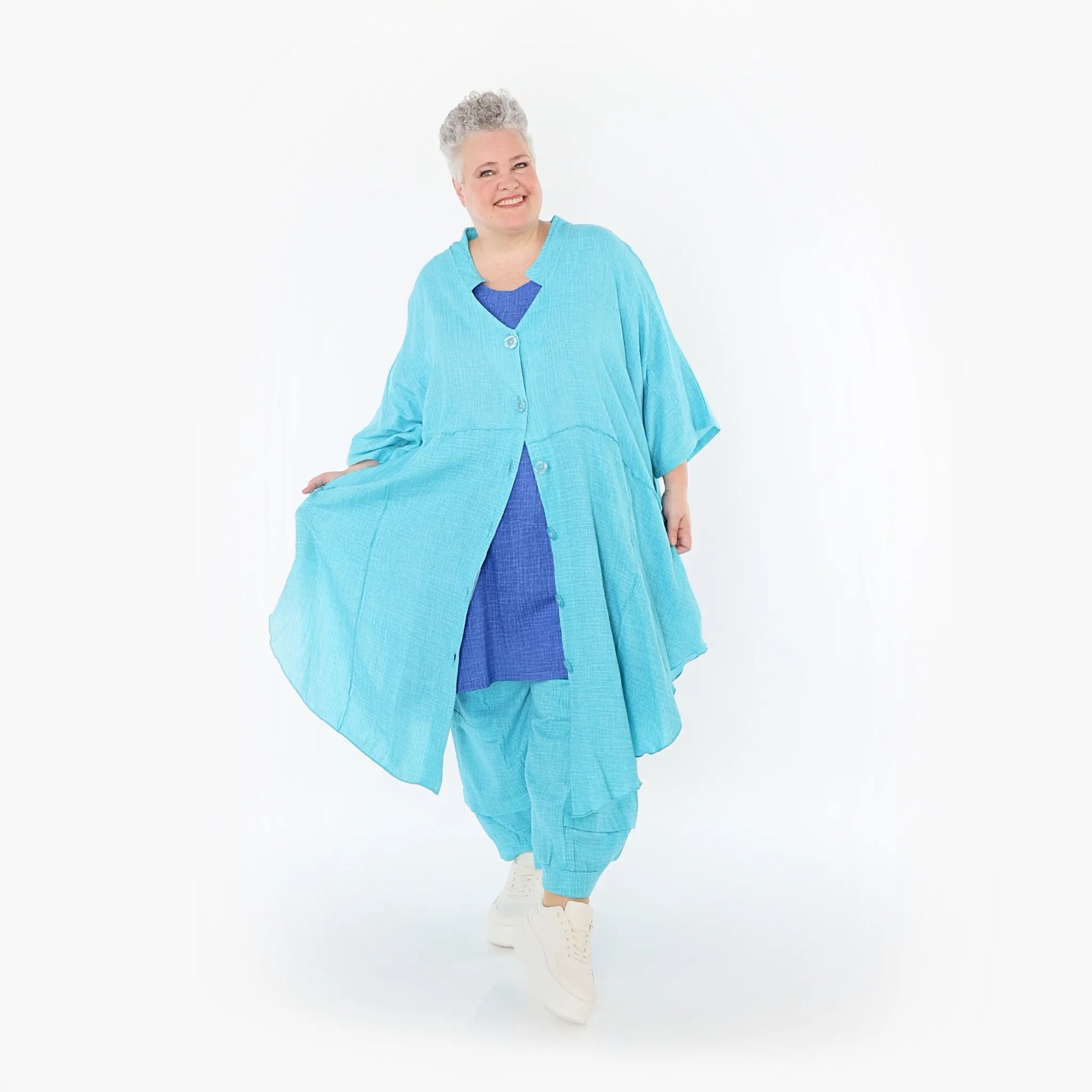  AKH Fashion Jacke in gerundeter Form, aus Baumwolle, 1501.07107, Türkis, Ausgefallen
