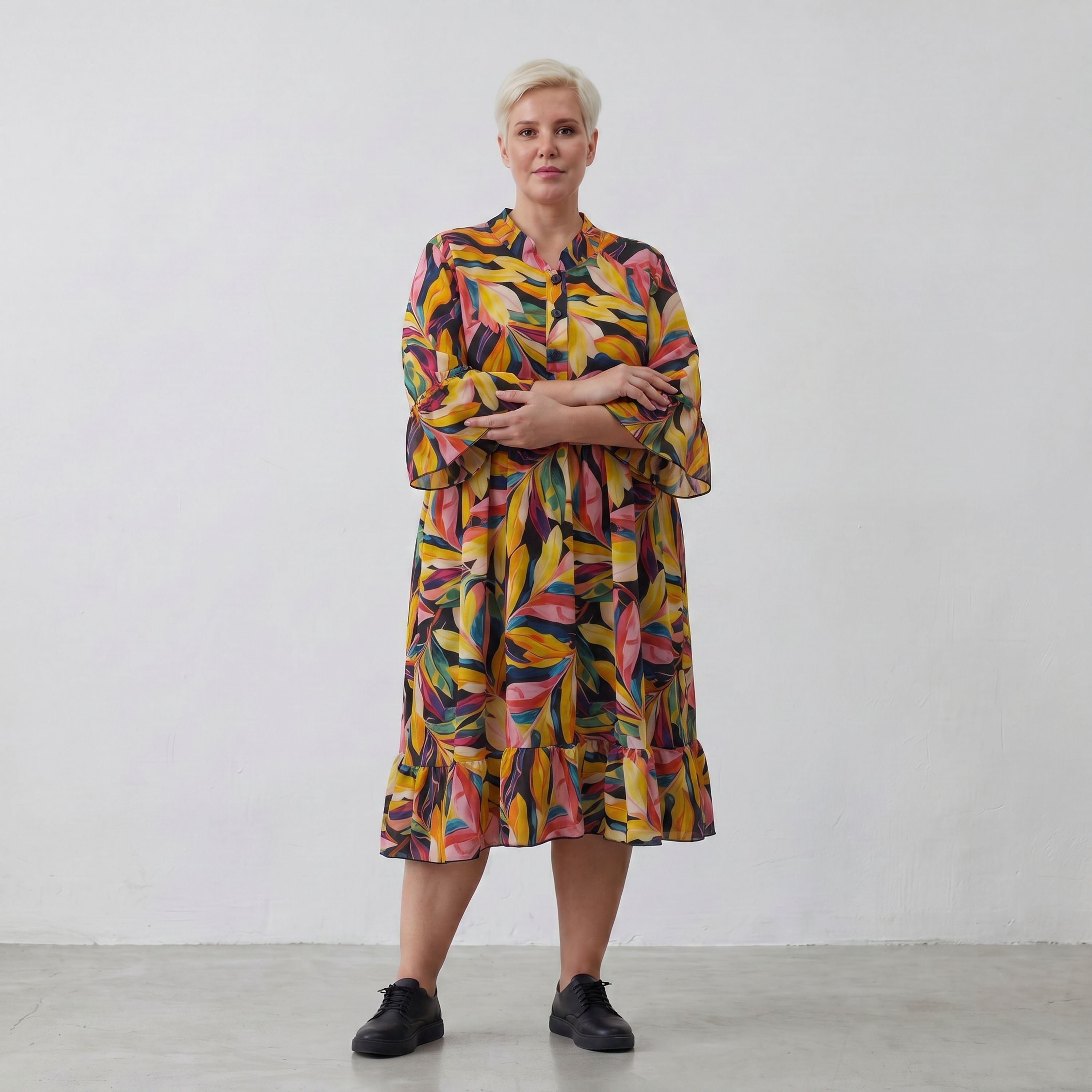 Mehrfarbiges Ballonkleid mit floralem Print V-Ausschnitt und lockerem weitem Stufenschnitt