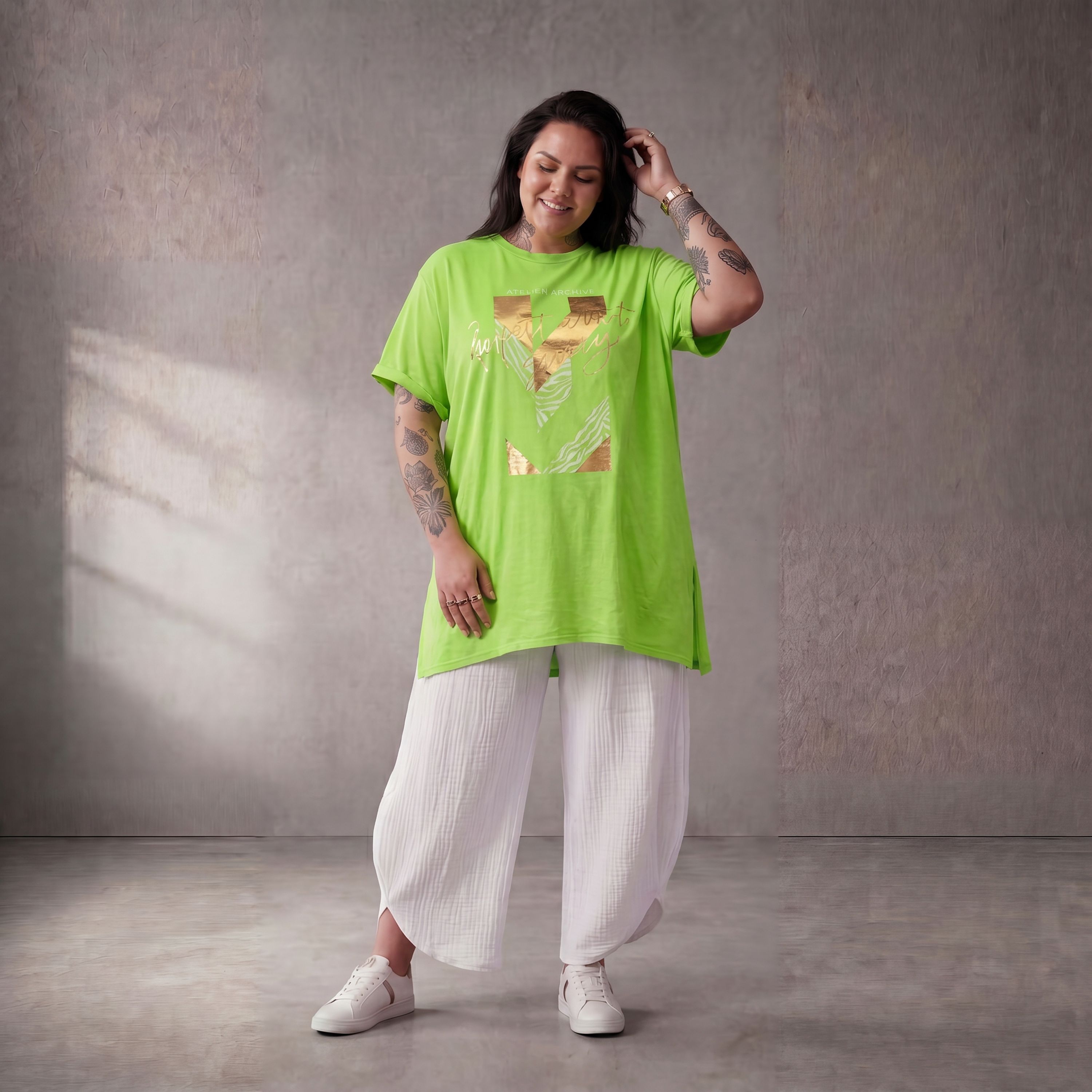 Damen Shirt Lagenlook Baumwolle Grün, A-Linie, Kurzarm, Oversize große Größen – Funky Diva