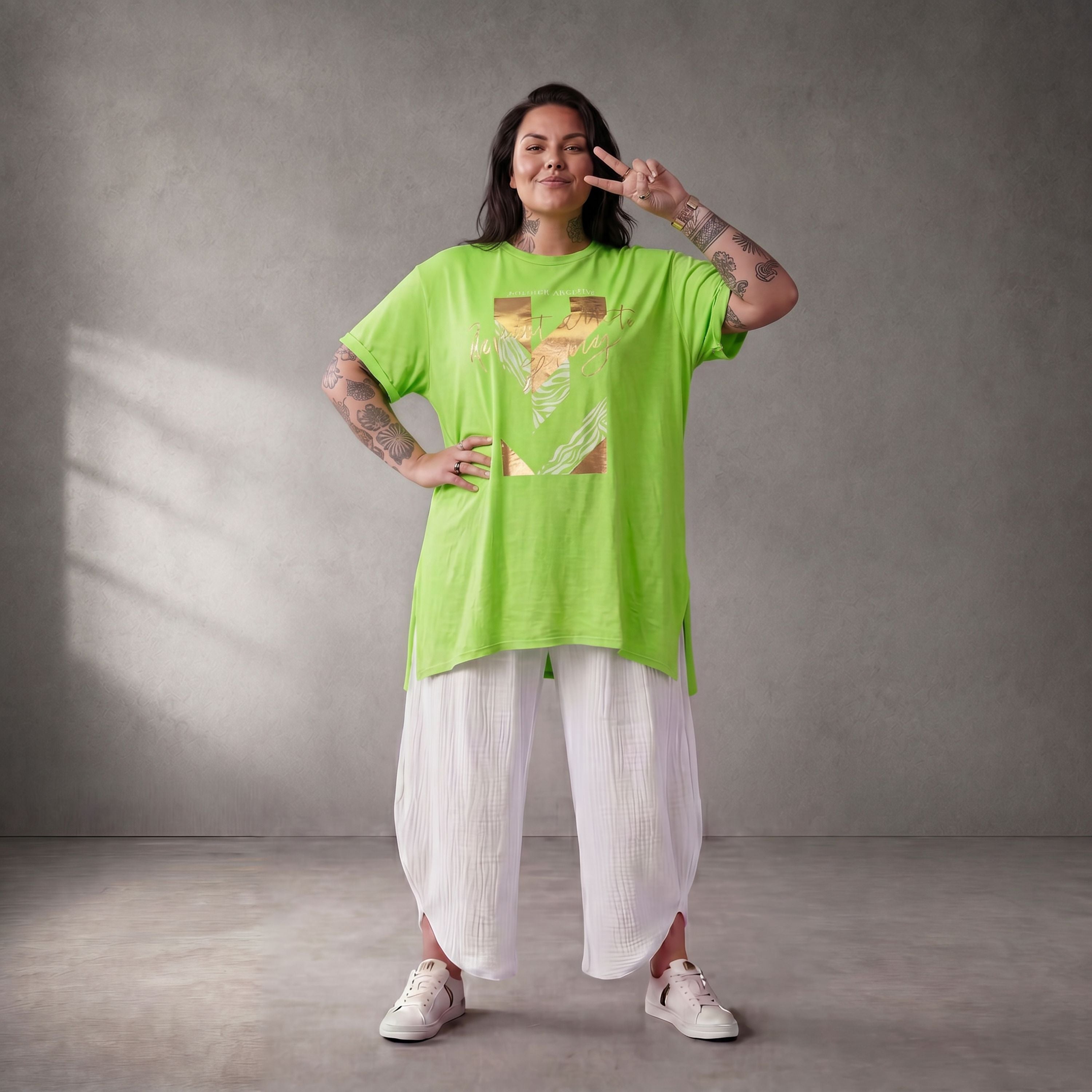 Damen Shirt Lagenlook Baumwolle Grün, A-Linie, Kurzarm, Oversize große Größen – Funky Diva
