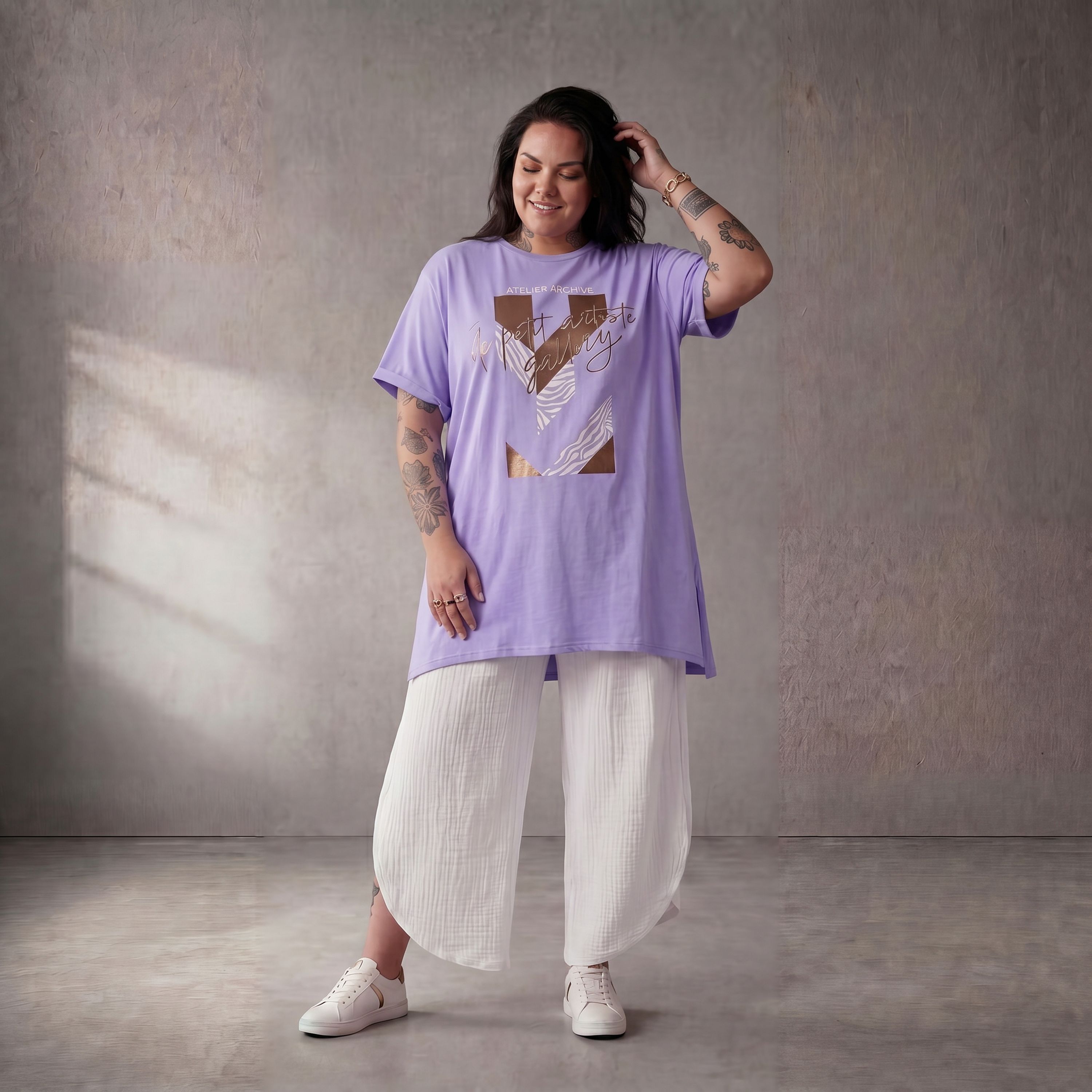 Damen Shirt Lagenlook Baumwolle Flieder, A-Linie, Kurzarm, Oversize große Größen – Funky Diva