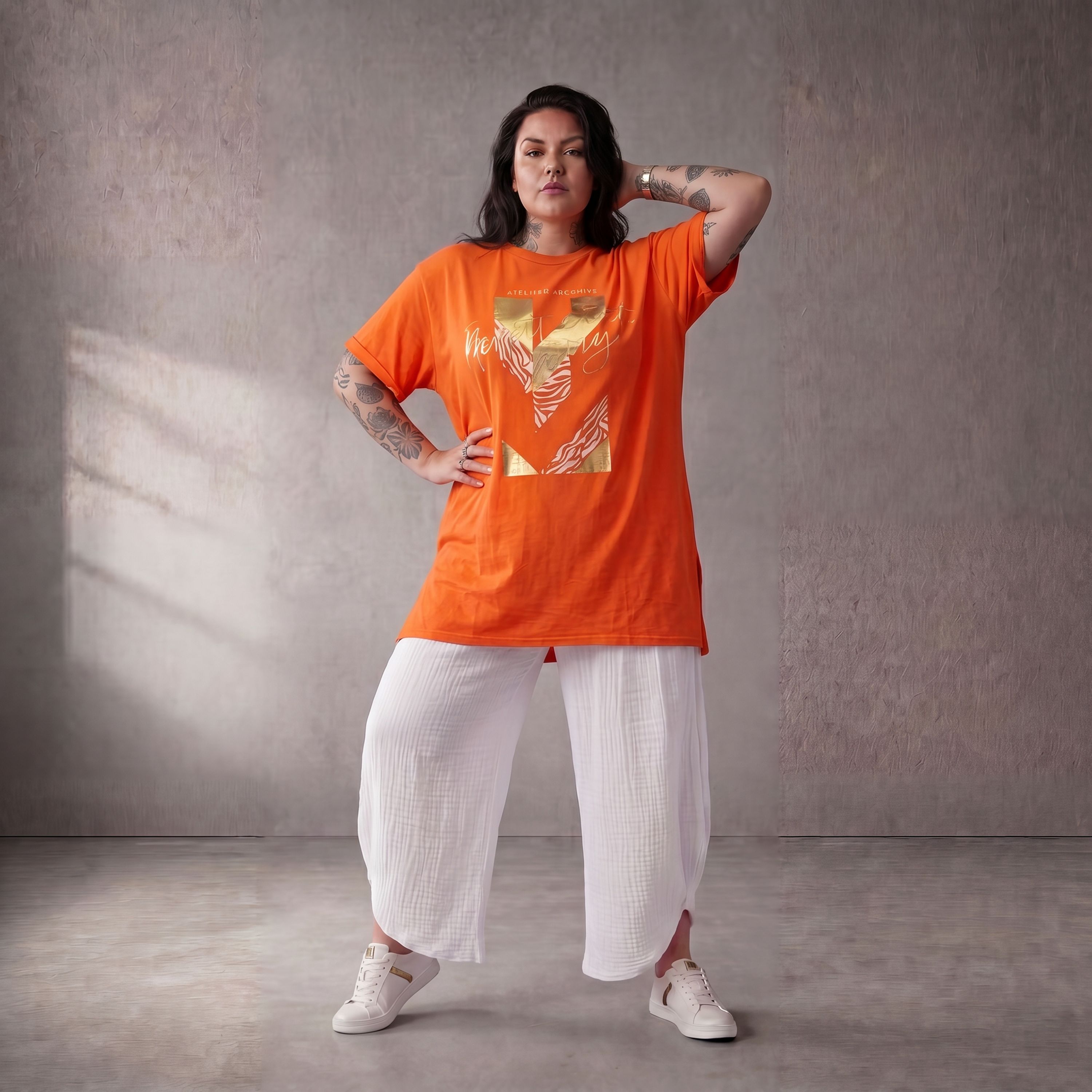 Damen Shirt Lagenlook Baumwolle Orange, A-Linie, Kurzarm, Oversize große Größen – Funky Diva