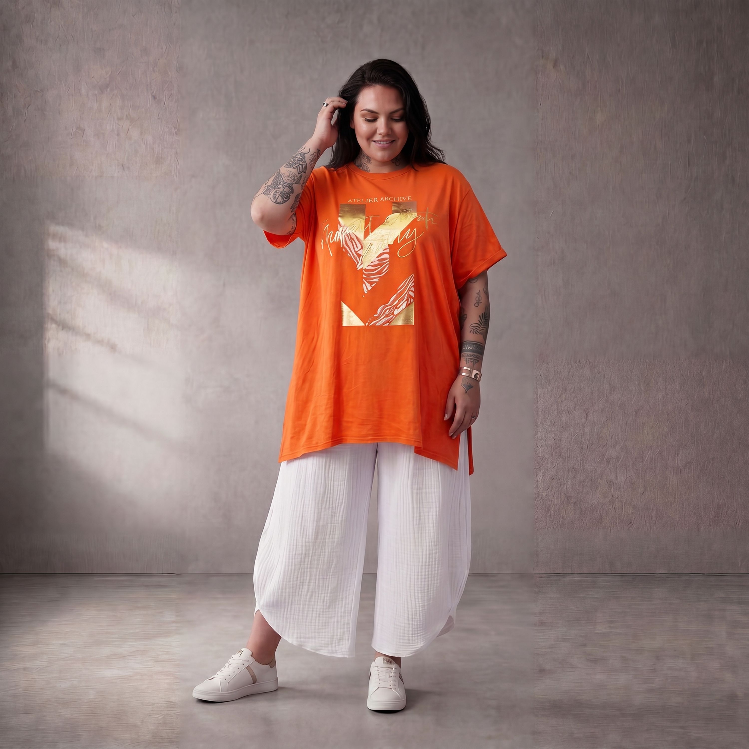 Damen Shirt Lagenlook Baumwolle Orange, A-Linie, Kurzarm, Oversize große Größen – Funky Diva