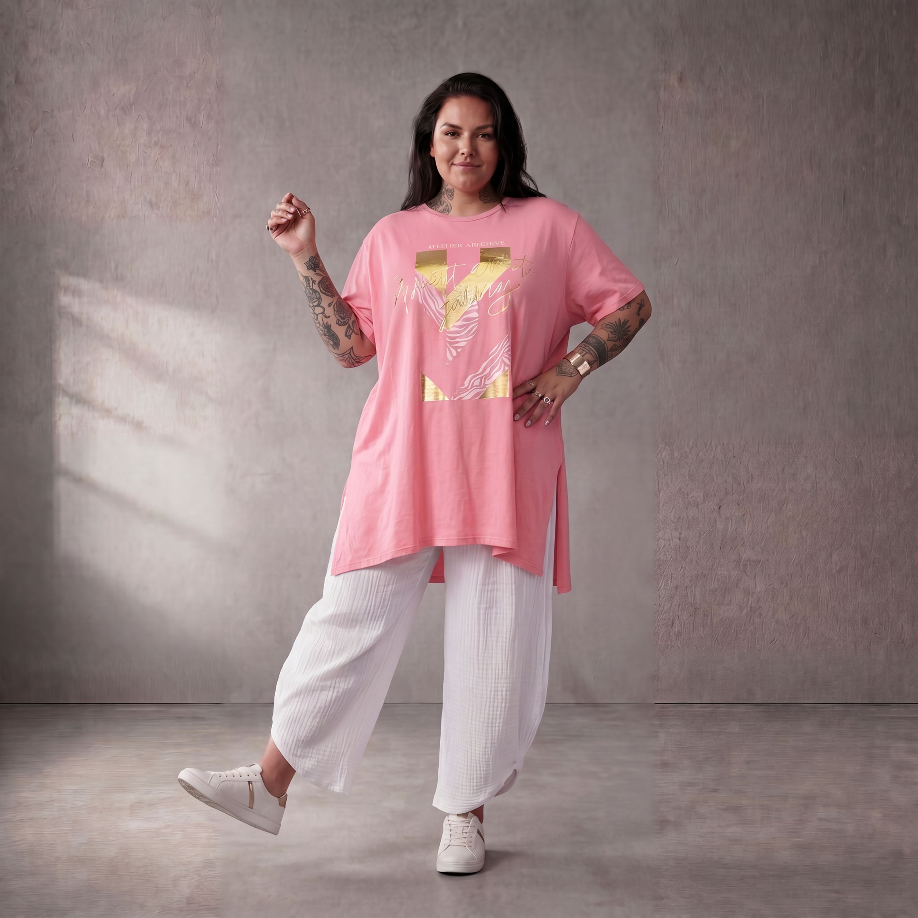 Damen Shirt Lagenlook Baumwolle Rosa, A-Linie, Kurzarm, Oversize große Größen – Funky Diva