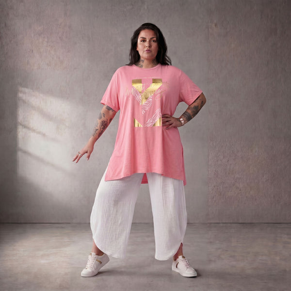 Damen Shirt Lagenlook Baumwolle Rosa, A-Linie, Kurzarm, Oversize große Größen – Funky Diva