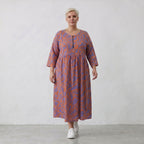 Ballonkleid in lilaorange Floralprint mit Seitentaschen Rundhals und Dreiviertelarm
