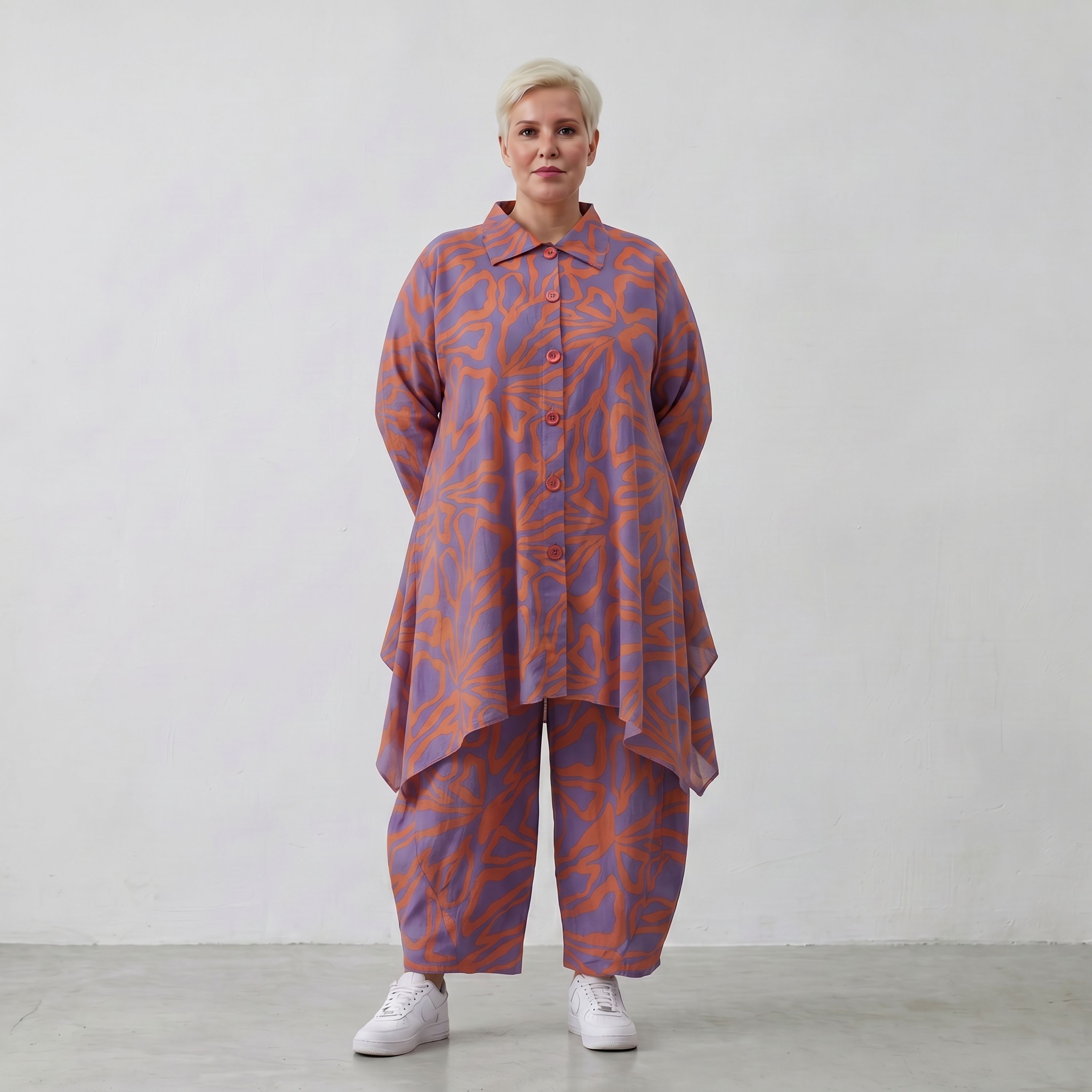 Lilaorange Blumenmuster A-Form Jacke in Leinenoptik mit Kragen Nahttaschen fein Zipfelsaum