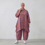 Lilaorange Blumenmuster A-Form Jacke in Leinenoptik mit Kragen Nahttaschen fein Zipfelsaum