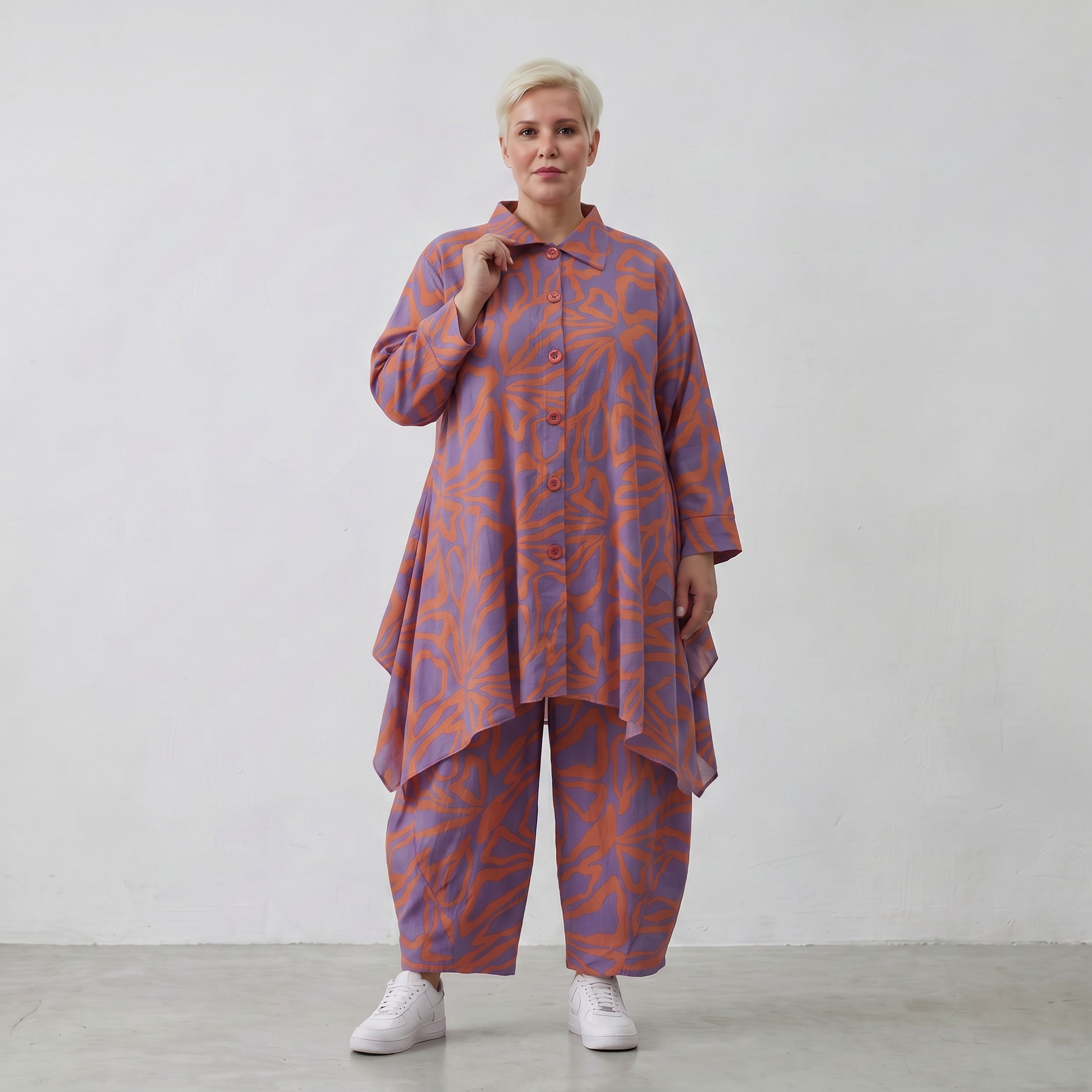Lilaorange Blumenmuster A-Form Jacke in Leinenoptik mit Kragen Nahttaschen fein Zipfelsaum