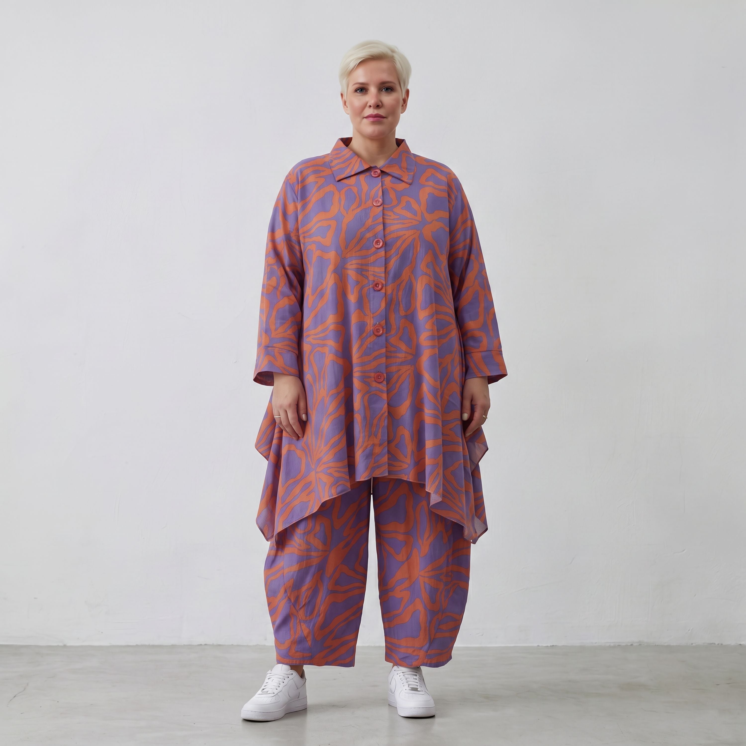 Lilaorange Blumenmuster A-Form Jacke in Leinenoptik mit Kragen Nahttaschen fein Zipfelsaum