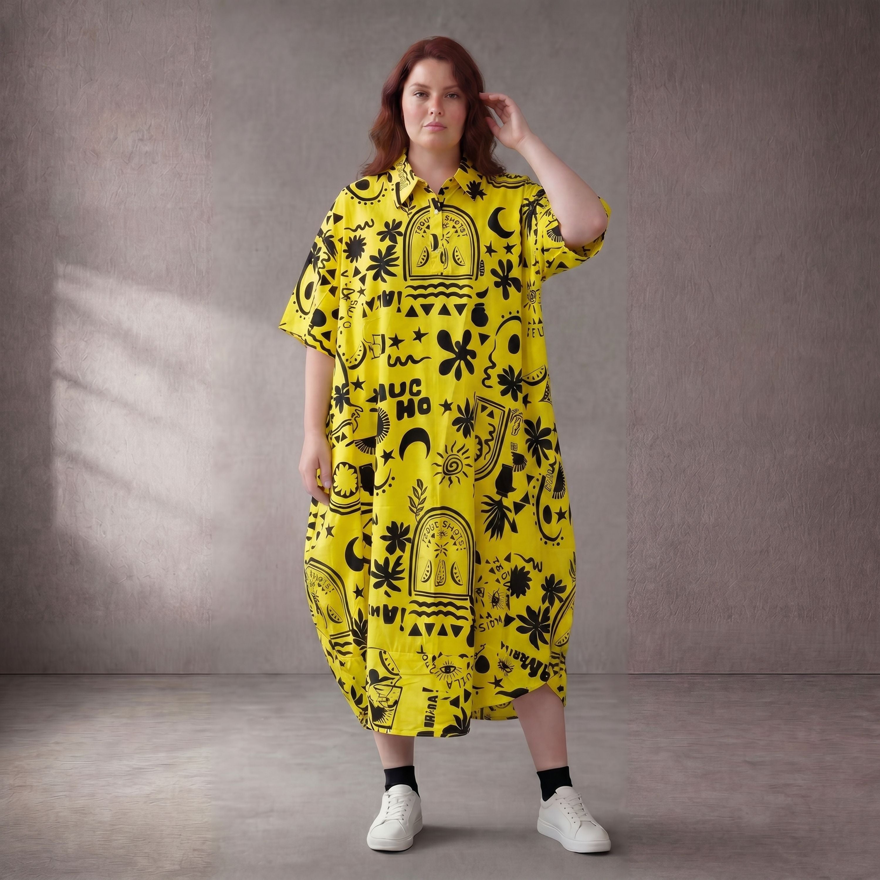 GelbSchwarz Sansibarprint Ballonkleid Baumwolle Oversize Lagenlook leger ausgefallen neu