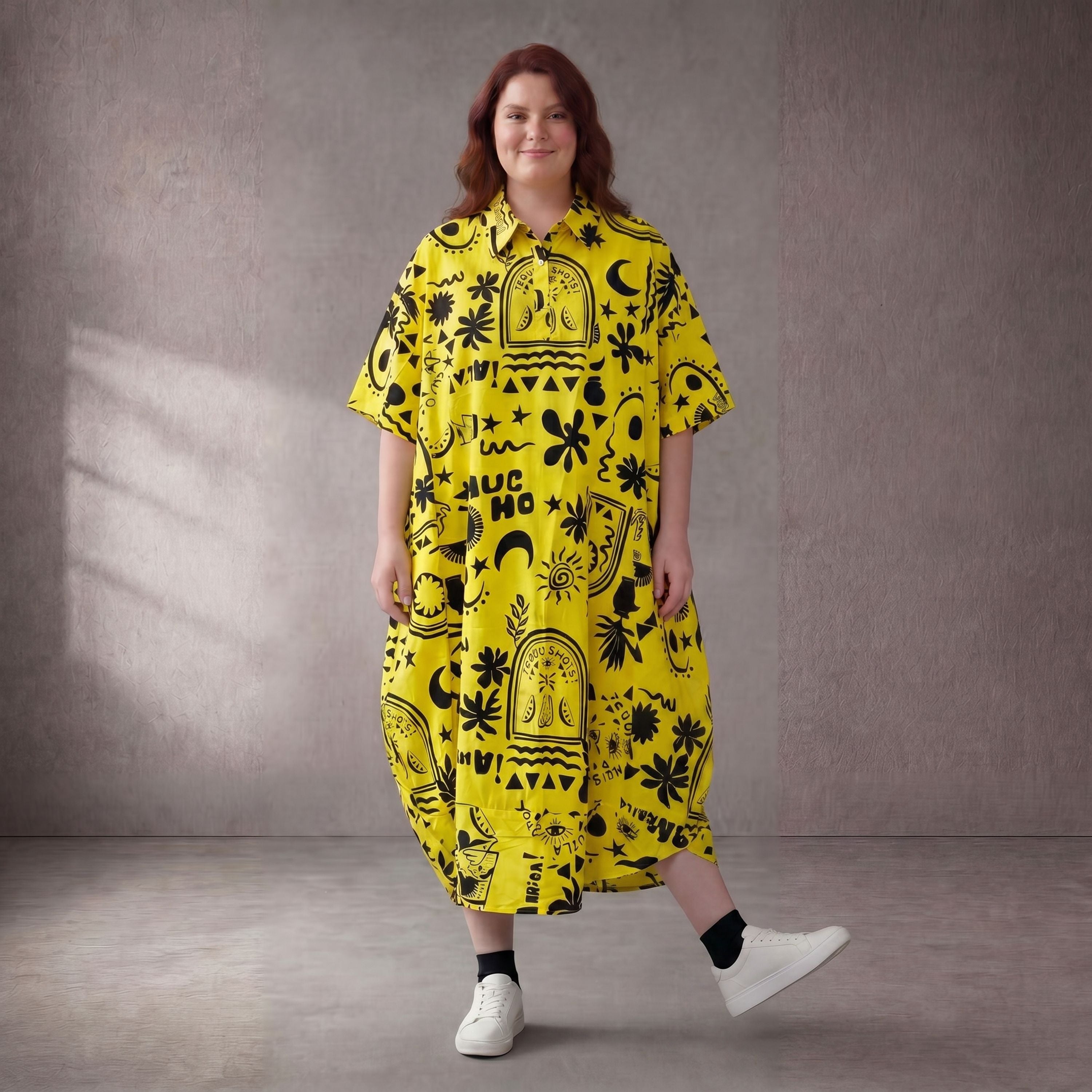 GelbSchwarz Sansibarprint Ballonkleid Baumwolle Oversize Lagenlook leger ausgefallen neu