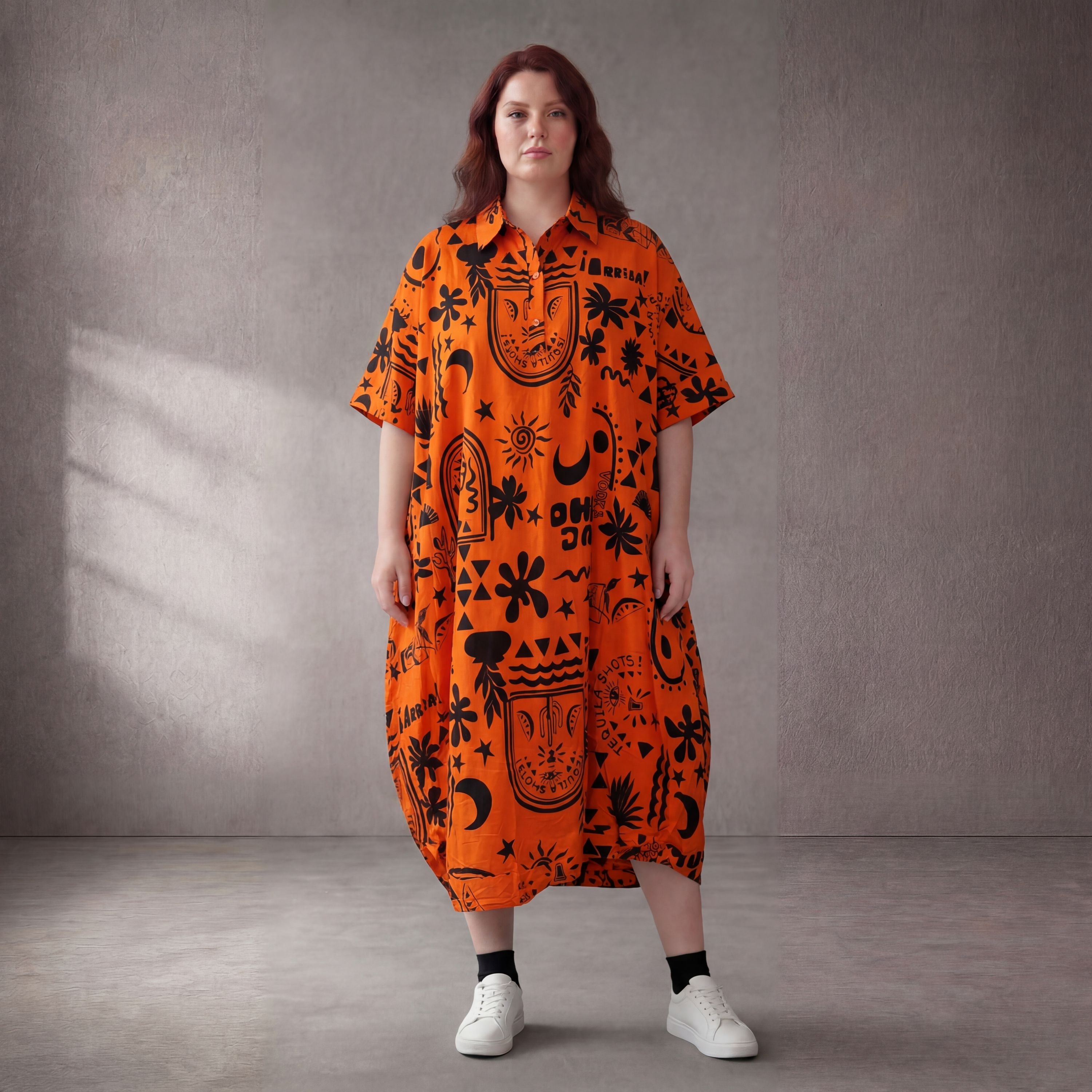 Ausgefallenes Oversize Lagenlook Ballonkleid Orange Schwarz Baumwolle leger zeitlos edel