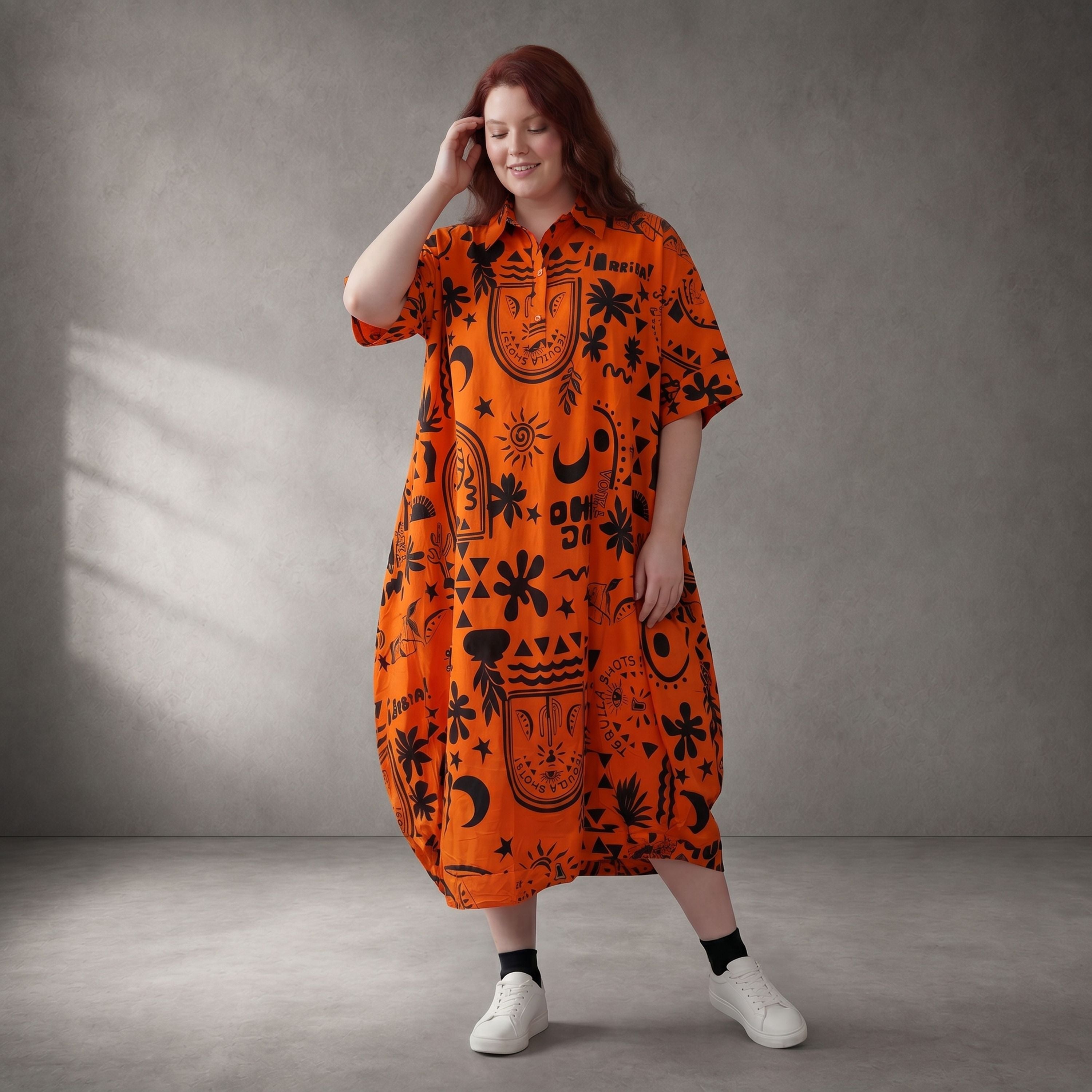 Ausgefallenes Oversize Lagenlook Ballonkleid Orange Schwarz Baumwolle leger zeitlos edel