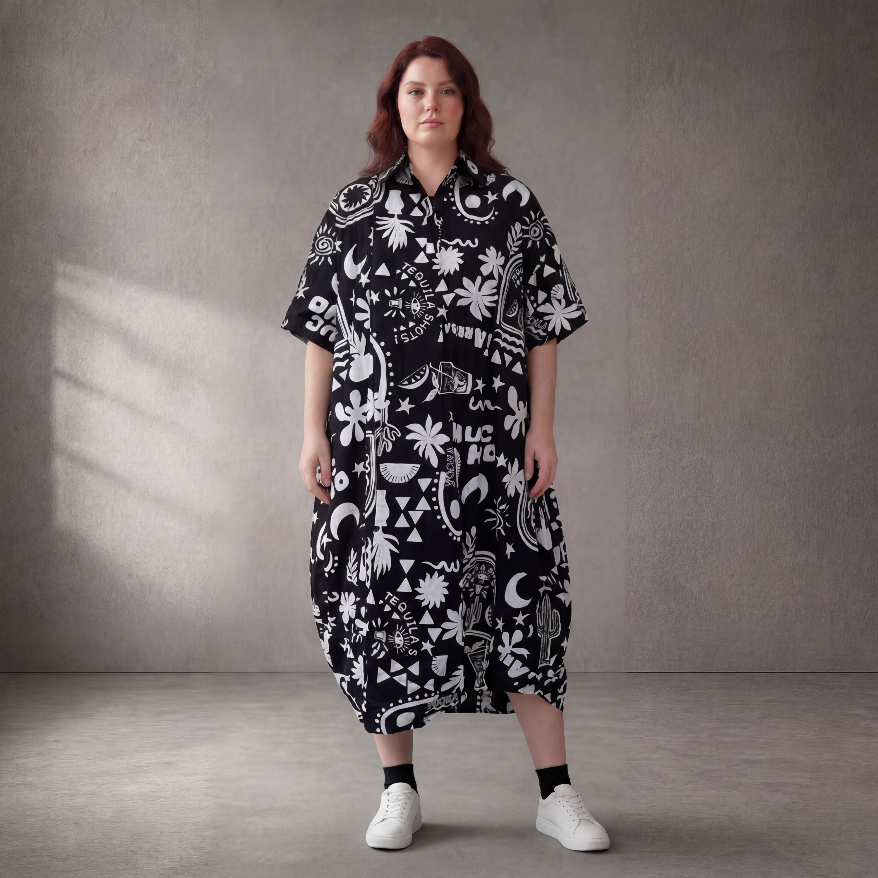 SchwarzWeiß Baumwollkleid Ballonschnitt Oversize leger Lagenlook ausgefallen sehr zeitlos