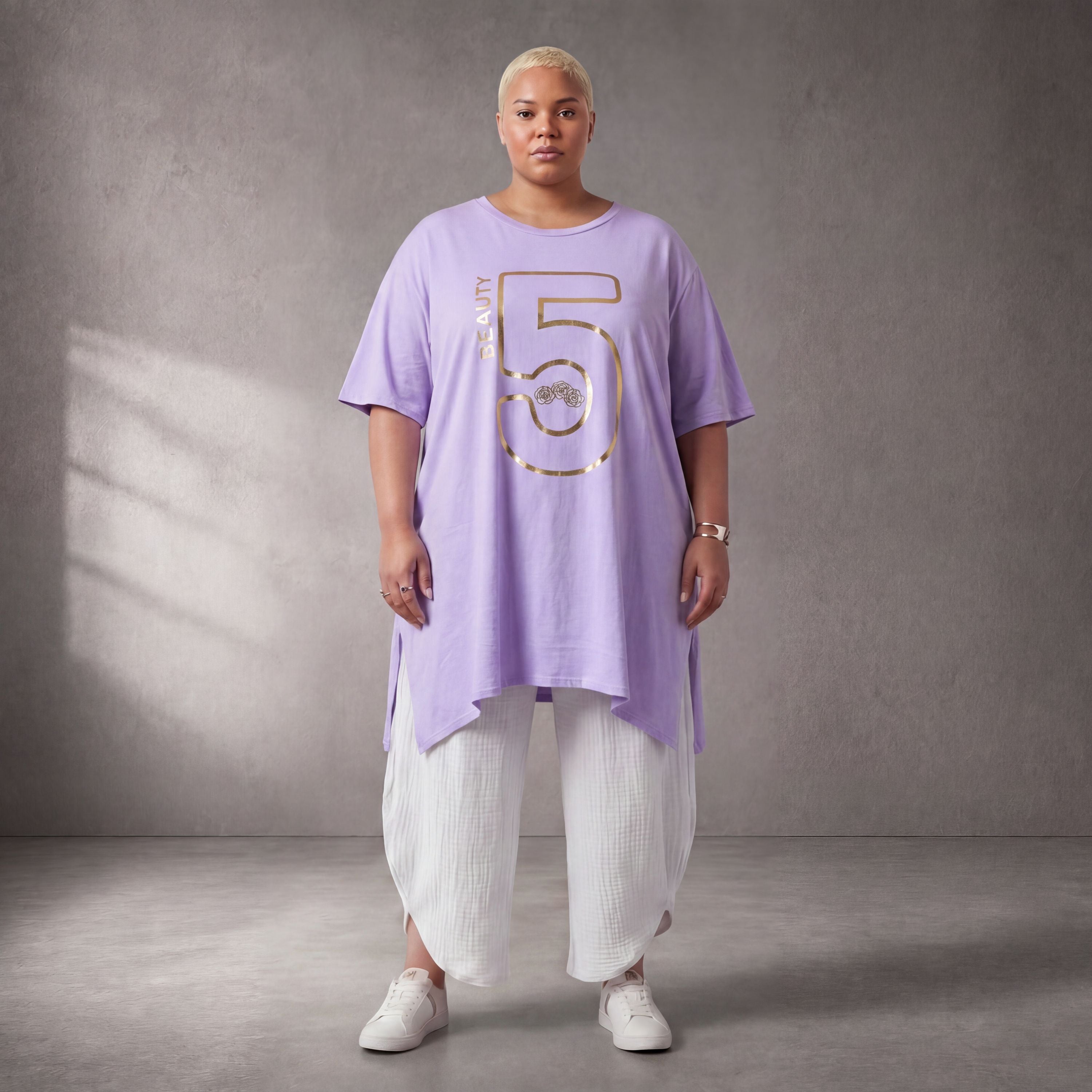 Damen Shirt Lagenlook Baumwolle Lila/Gold, A-Form, Kurzarm, Seitenschlitze, Oversize große Größen – Funky Diva