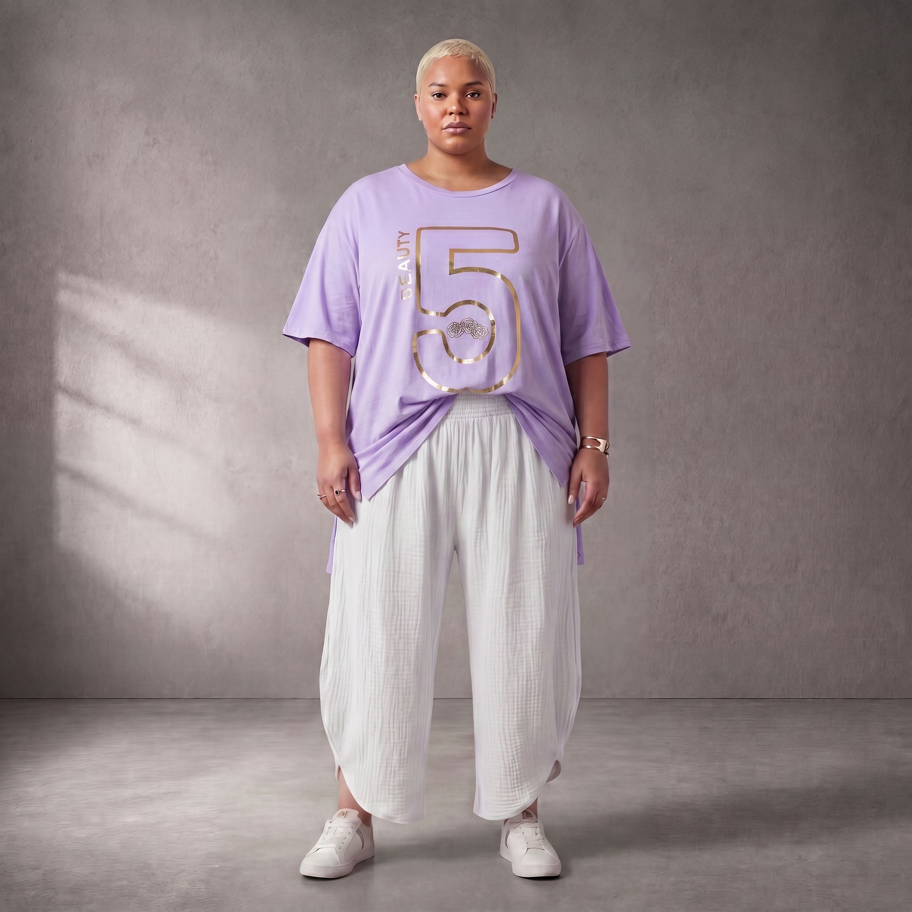 Damen Shirt Lagenlook Baumwolle Lila/Gold, A-Form, Kurzarm, Seitenschlitze, Oversize große Größen – Funky Diva