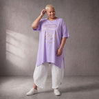 Damen Shirt Lagenlook Baumwolle Lila/Gold, A-Form, Kurzarm, Seitenschlitze, Oversize große Größen – Funky Diva