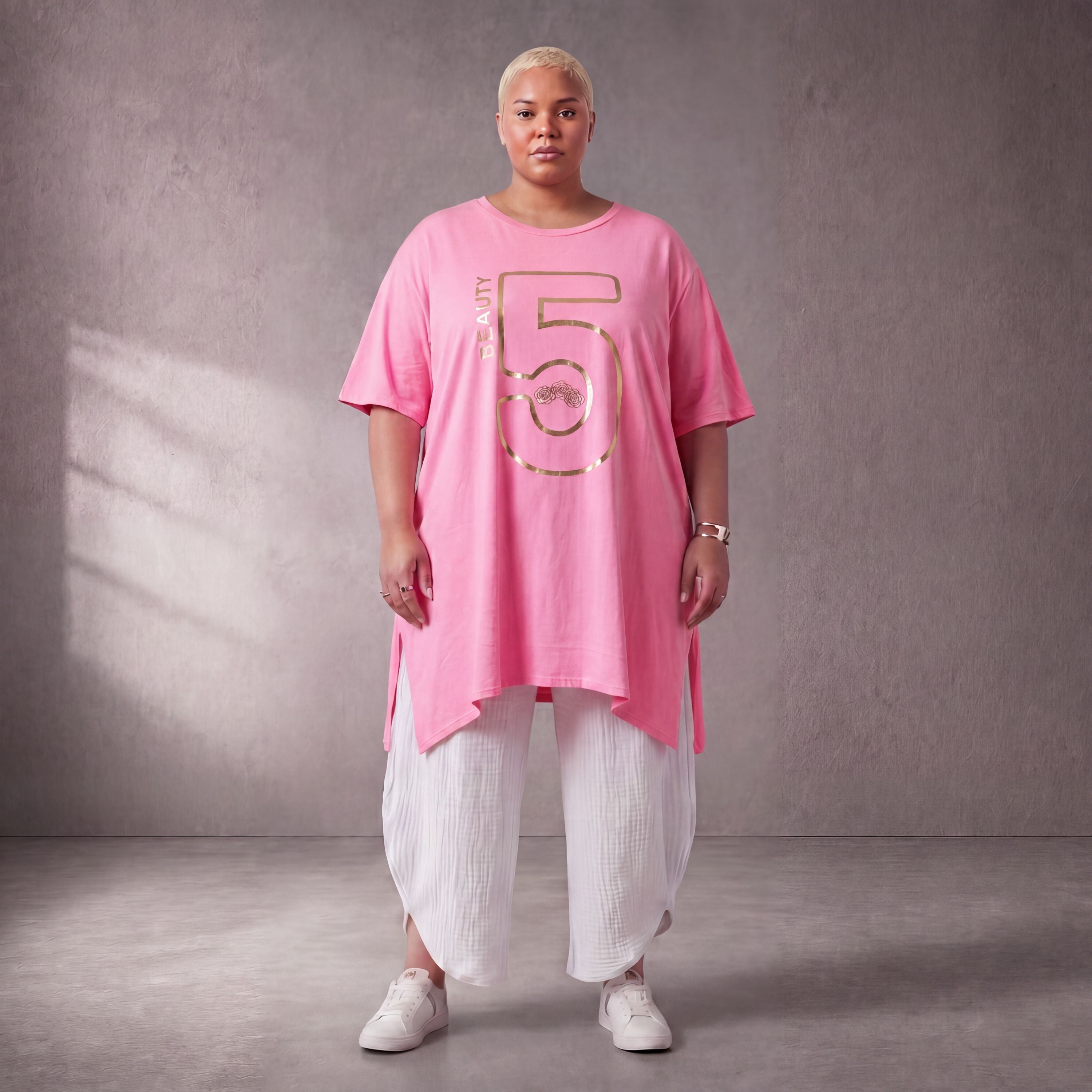 Damen Shirt Lagenlook Baumwolle Rosa/Gold, A-Form, Kurzarm, Seitenschlitze, Oversize große Größen – Funky Diva