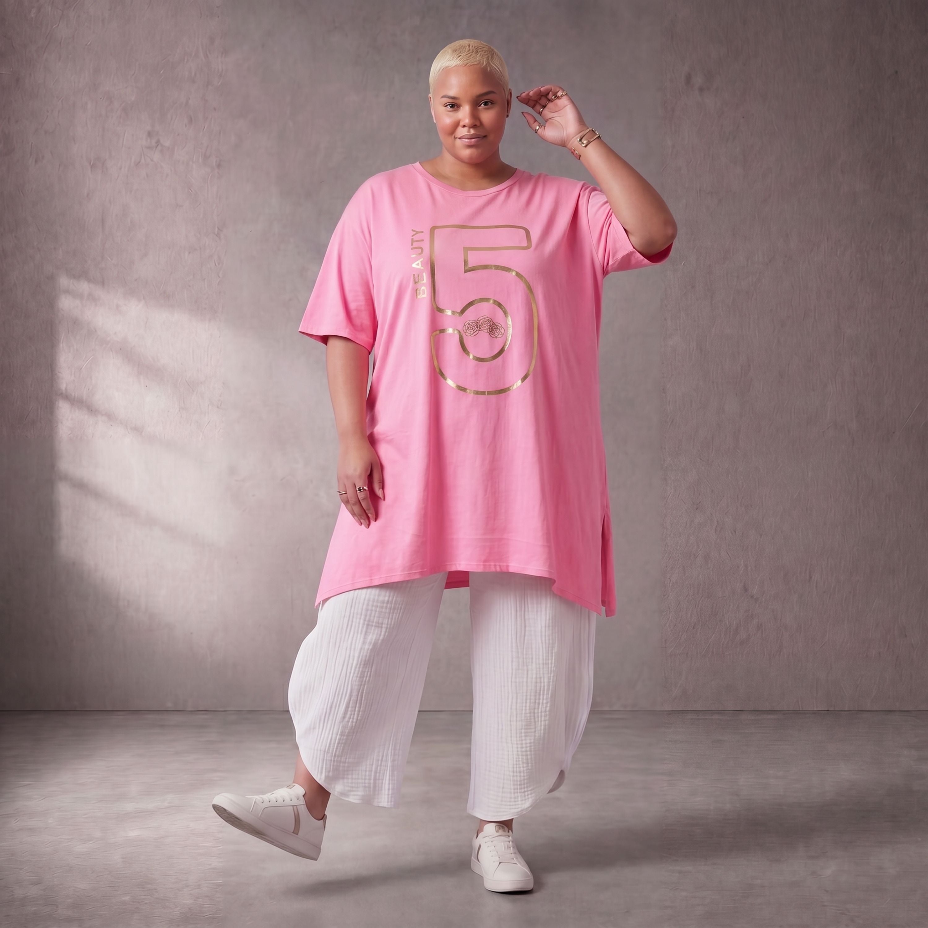 Damen Shirt Lagenlook Baumwolle Rosa/Gold, A-Form, Kurzarm, Seitenschlitze, Oversize große Größen – Funky Diva