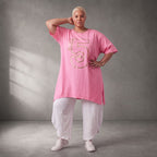 Damen Shirt Lagenlook Baumwolle Rosa/Gold, A-Form, Kurzarm, Seitenschlitze, Oversize große Größen – Funky Diva