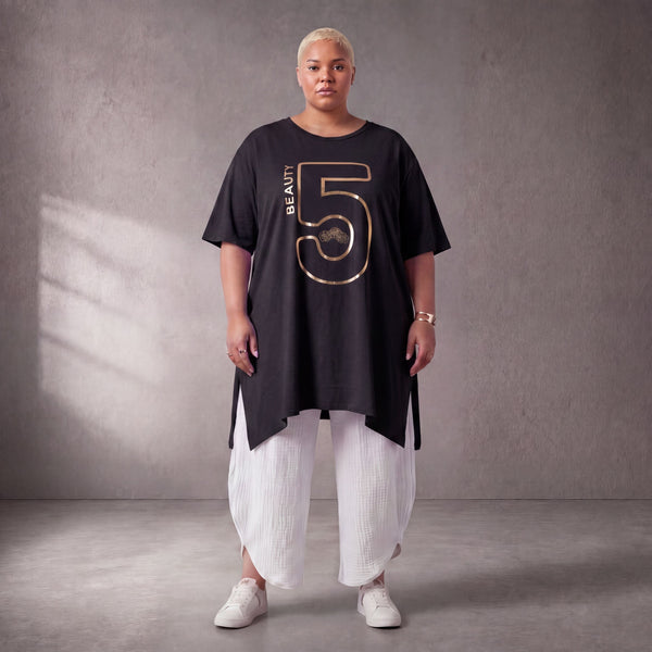 Damen Shirt Lagenlook Baumwolle Schwarz/Gold, A-Form, Kurzarm, Seitenschlitze, Oversize große Größen – Funky Diva