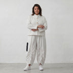 Kastige Bengaline Jacke in Weiß/Schwarz mit 3/4-Arm Stehkragen und praktischen Taschen