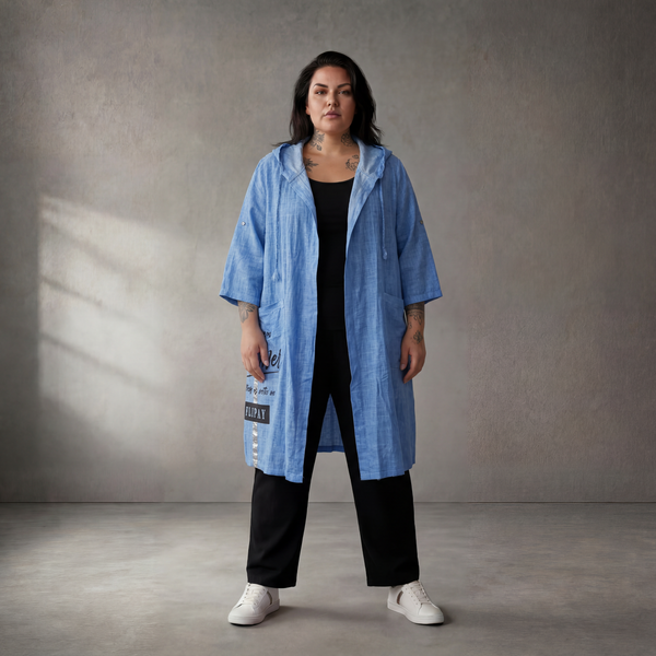 Leichte blaue Baumwollweste mit Kapuze im Lagenlook leger ausgefallen Oversize zeitlos