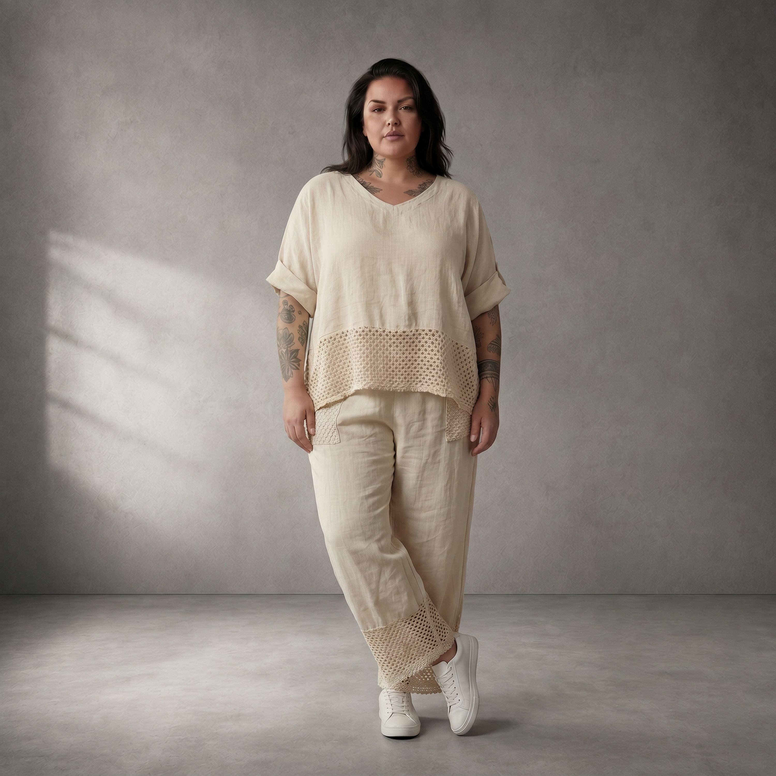 Zeitlose Creme Leinenhose im leger Lagenlook mit Strickdetails und Komfortbund Sommerfit