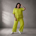Luftige leichte Leinenhose in Limette im Lagenlook mit Strickdetails leger und zeitlos