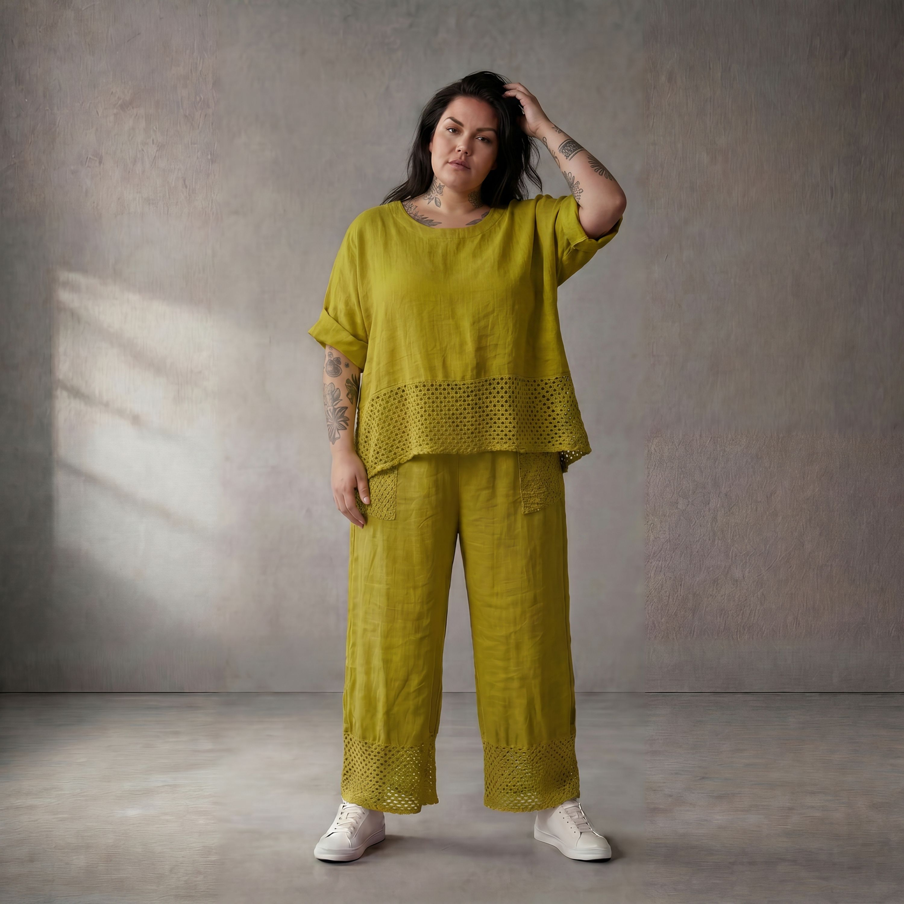 Legere Leinenhose Grün mit Strickdetails zeitloser Lagenlook Oversize Komfort luftig Bund