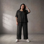 Oversize Leinen Shirt schwarz im Lagenlook mit grossen Taschen leger zeitlos chic luftig