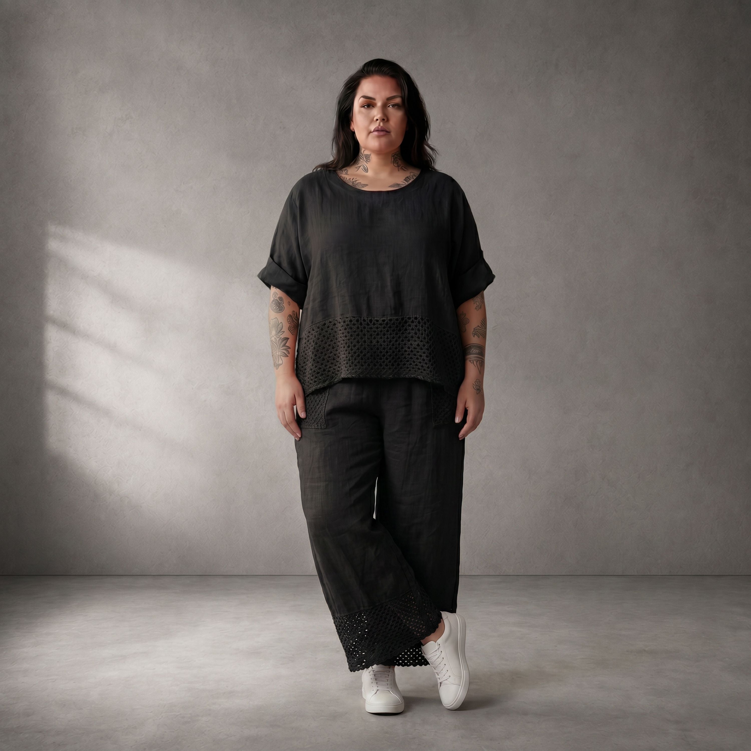 Oversize Leinen Shirt schwarz im Lagenlook mit grossen Taschen leger zeitlos chic luftig