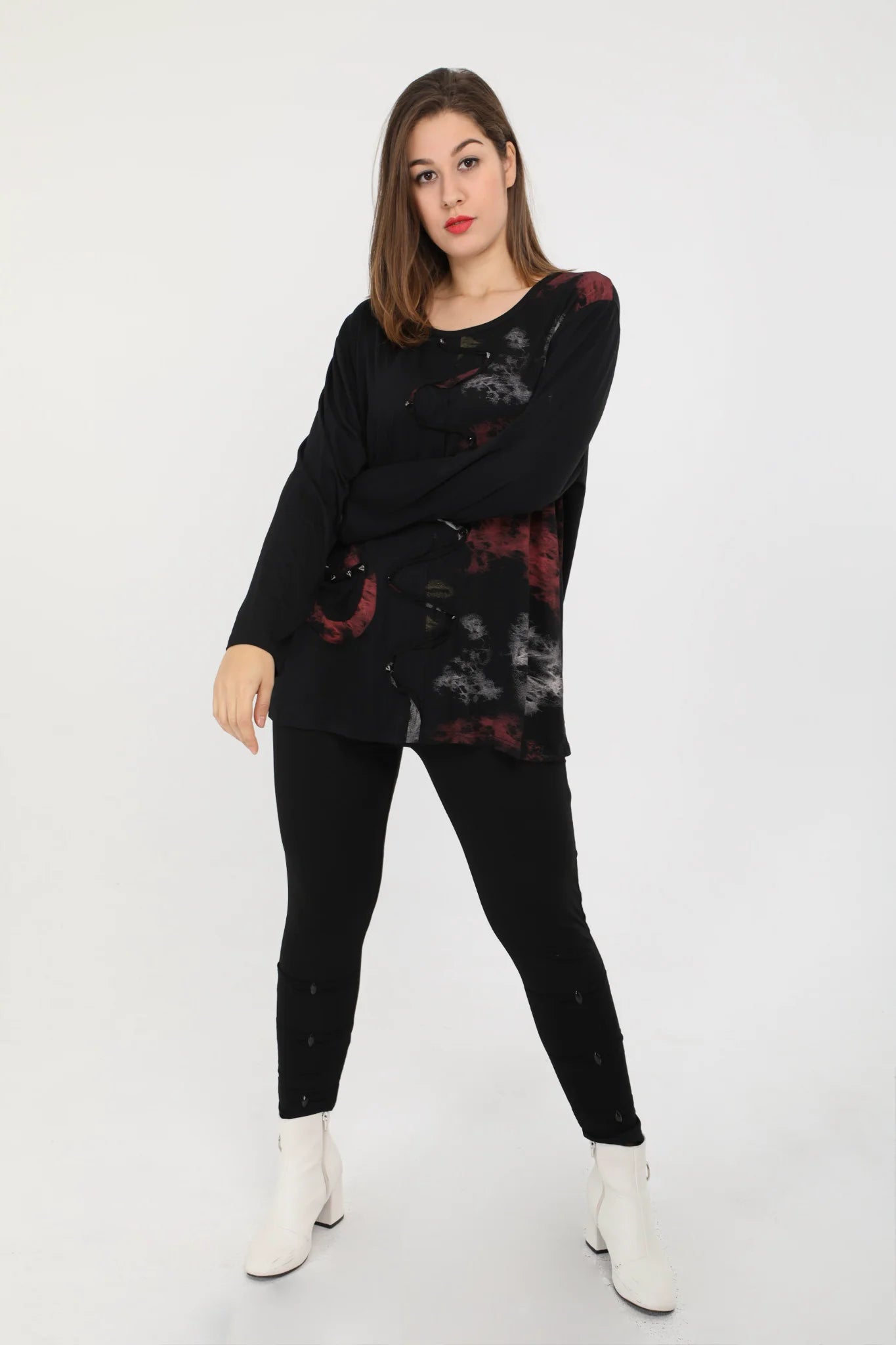  Shirt von Pomme Rouge aus Viskose in gerader Form, C6176, Schwarz-Multi, Schick, Modern