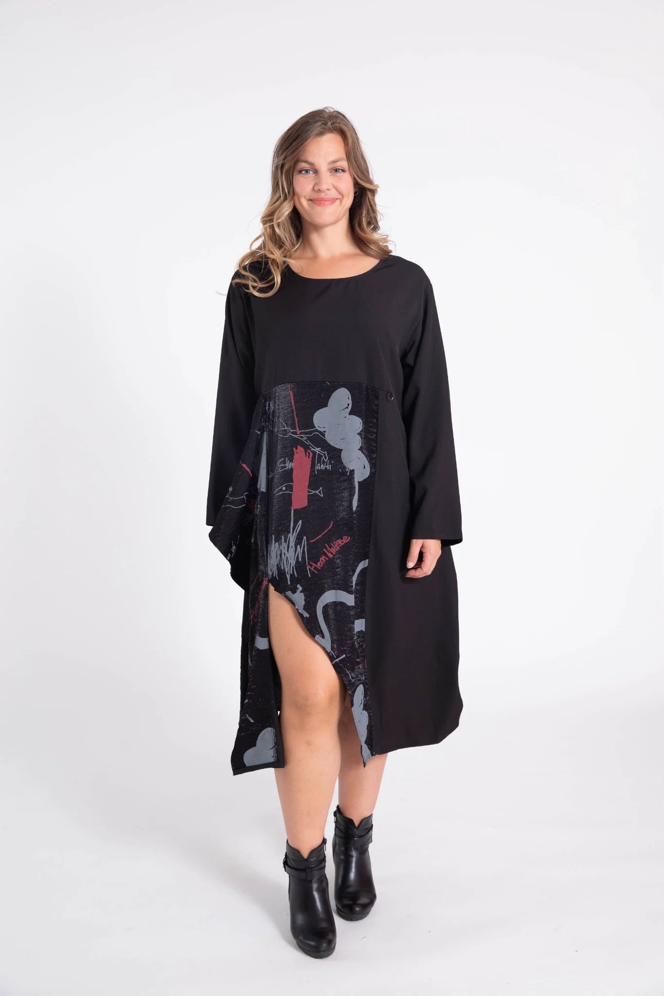  Pomme Rouge Kleid in gerader Form, aus Polyester, C6315, Schwarz-Grau-Rot, Schick, Modern