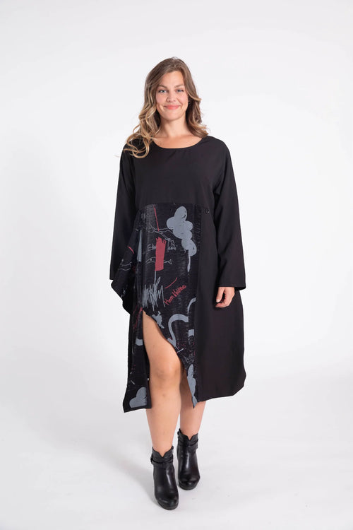  Pomme Rouge Kleid in gerader Form, aus Polyester, C6315, Schwarz-Grau-Rot, Schick, Modern
