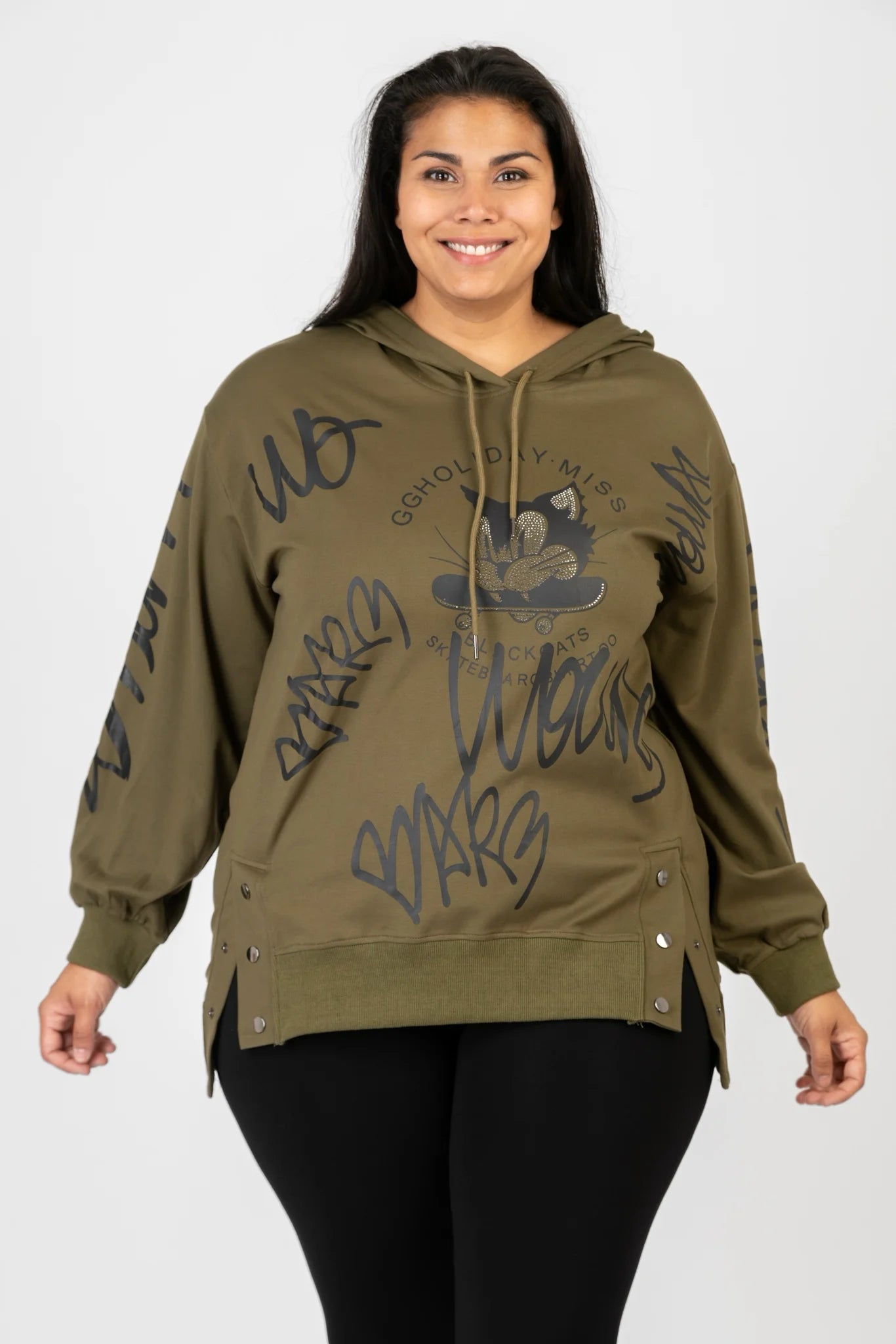  Pomme Rouge Hoody in gerader Form, aus Viskose, C6618, Olive-Schwarz, Schick, Modern