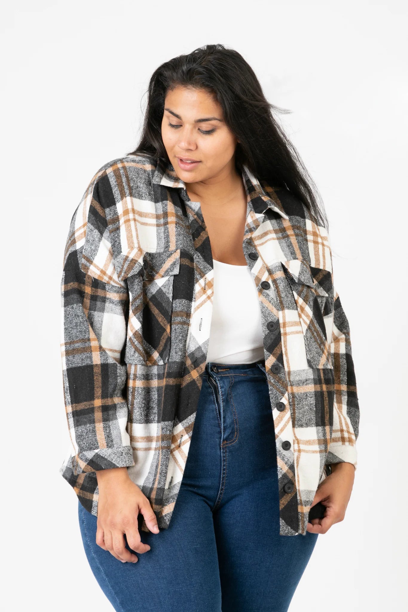  Pomme Rouge Jacke in gerundeter Form, aus Polyester, C6650, Schwarz-Weiß-Beige, Kariert