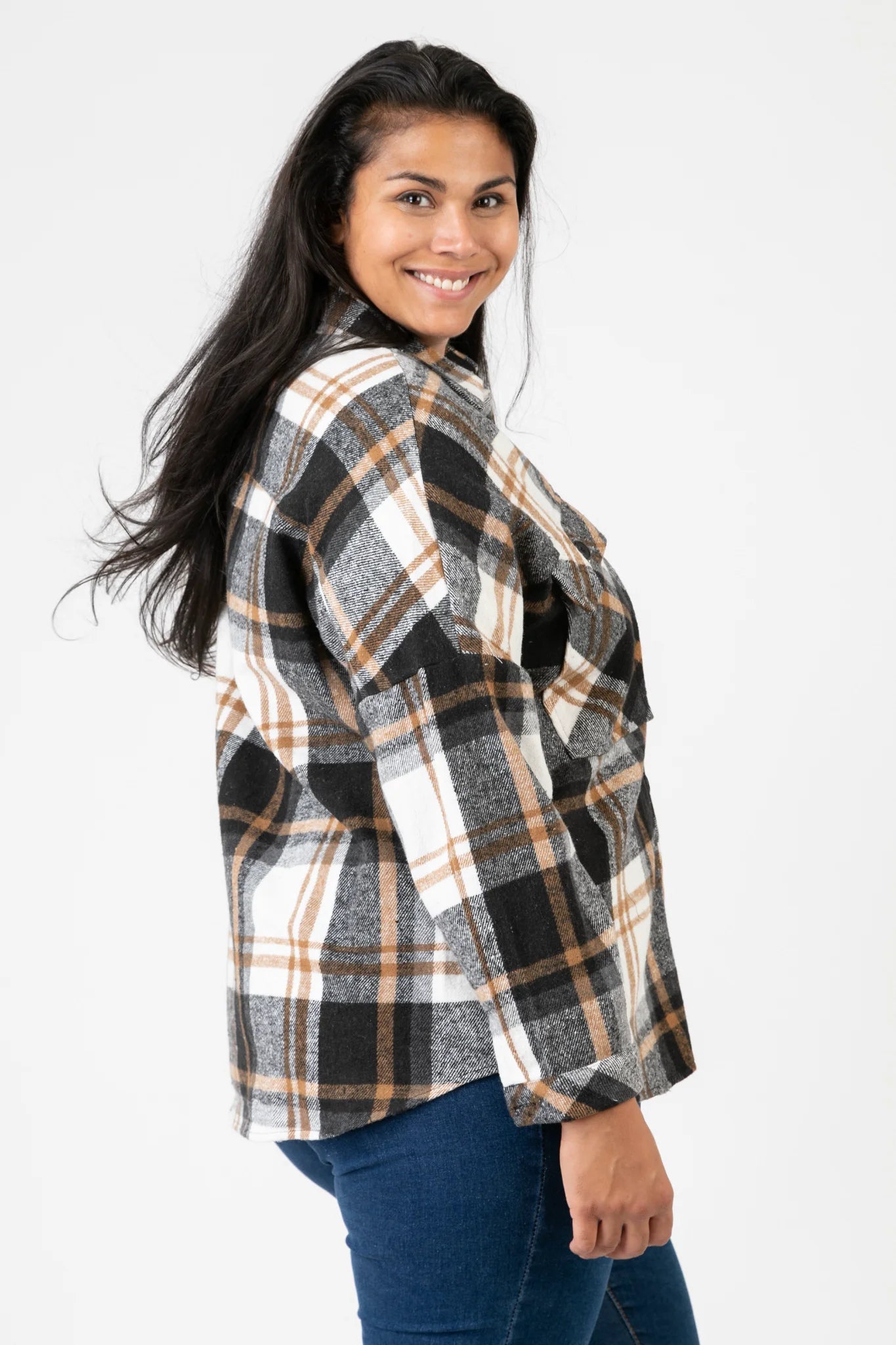 Pomme Rouge Jacke in gerundeter Form, aus Polyester, C6650, Schwarz-Weiß-Beige, Kariert