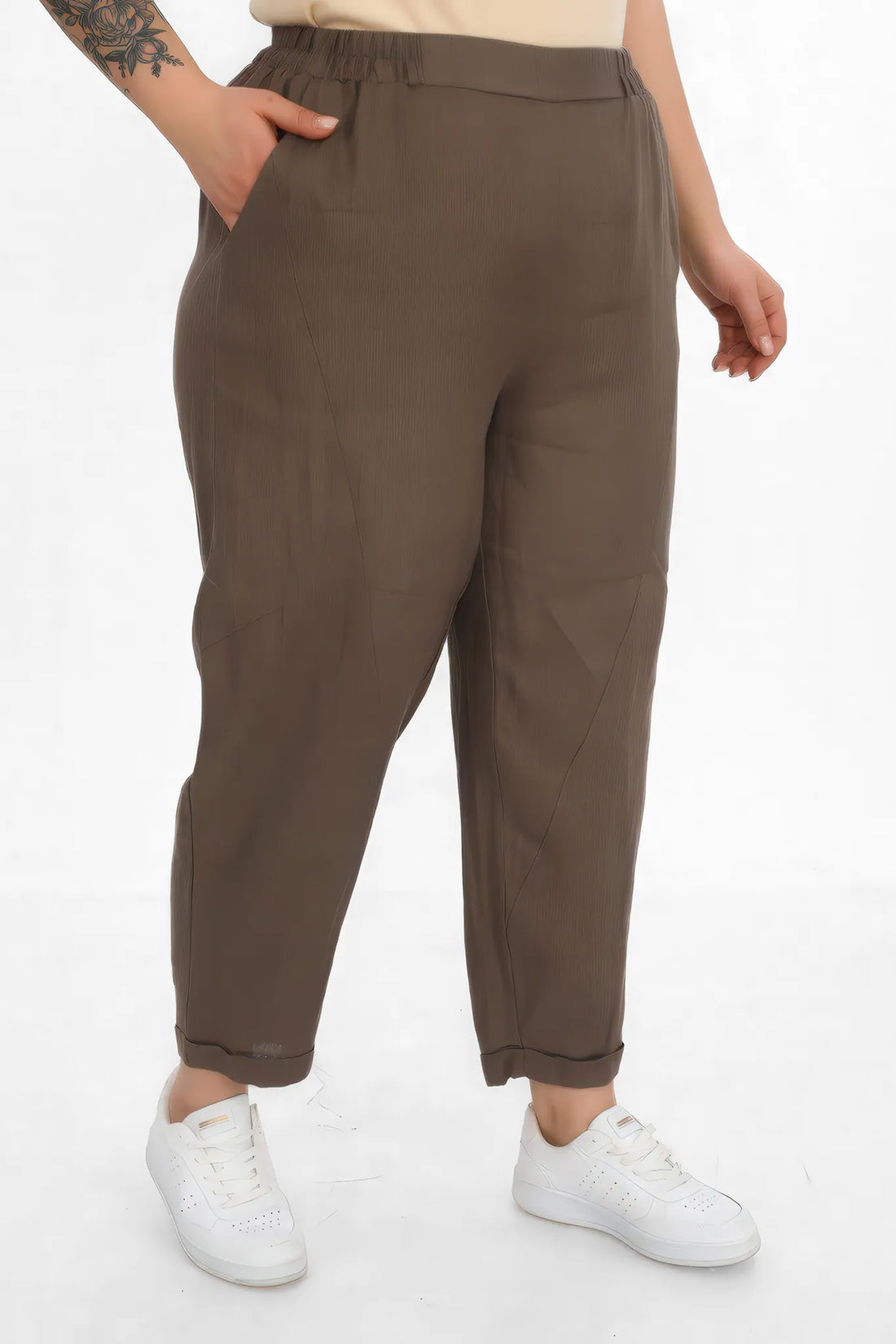  Karottenform Hose von Divas Planet aus Leinen, DP4382, Taupe, Ausgefallen, Zeitlos, Schick