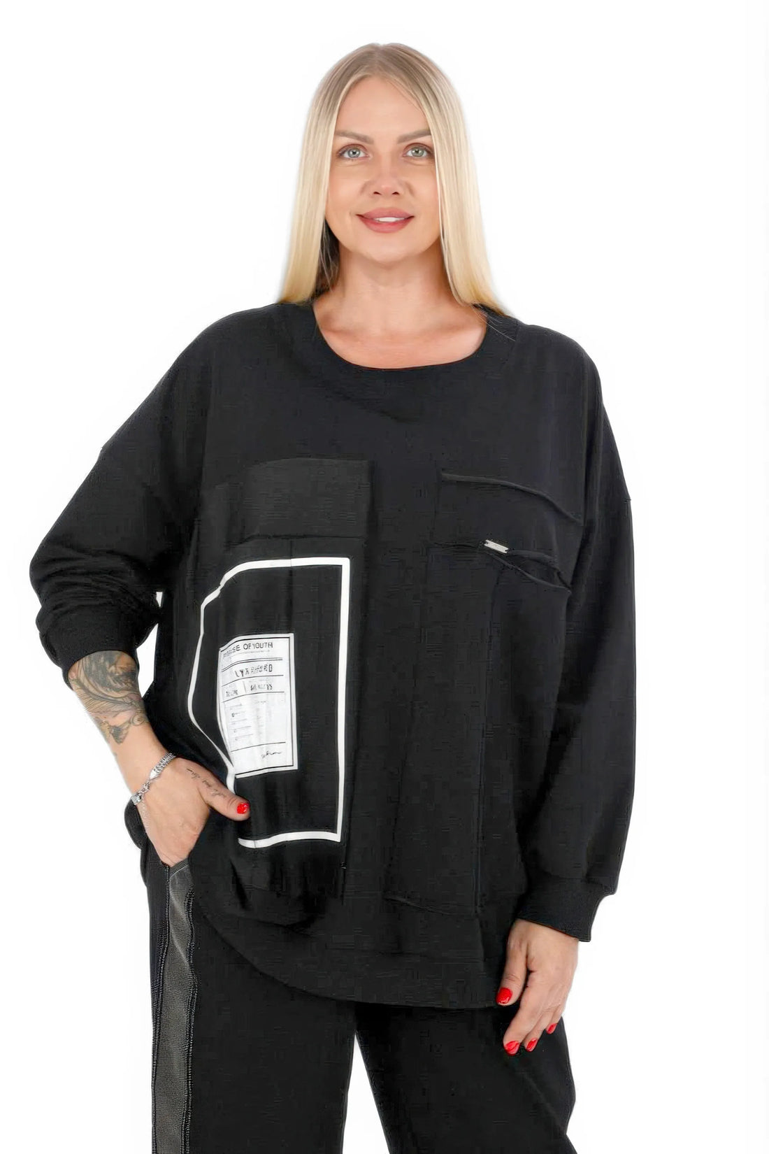  Divas Planet Bigshirt in gerader Form, aus Baumwolle, DP10111, Schwarz, Geometrisch, Schick