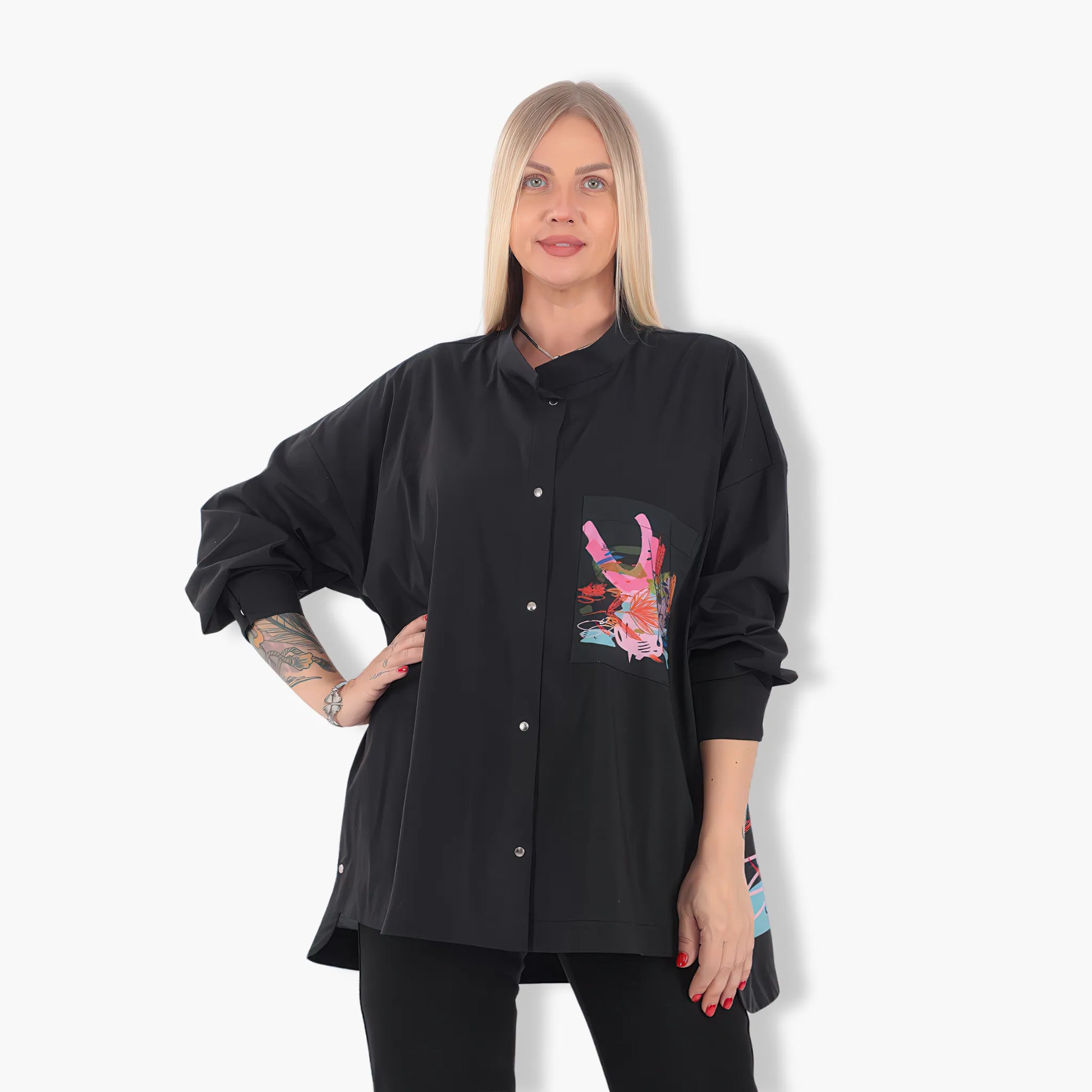  Divas Planet Bluse in gerader Form, aus Viskose, DP70051, Schwarz/Print, Schick, Modern