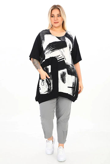 Divas Planet Shirt in gerundeter Form, aus Viskose, DP10174, Schwarz, Abstrakt, Schick