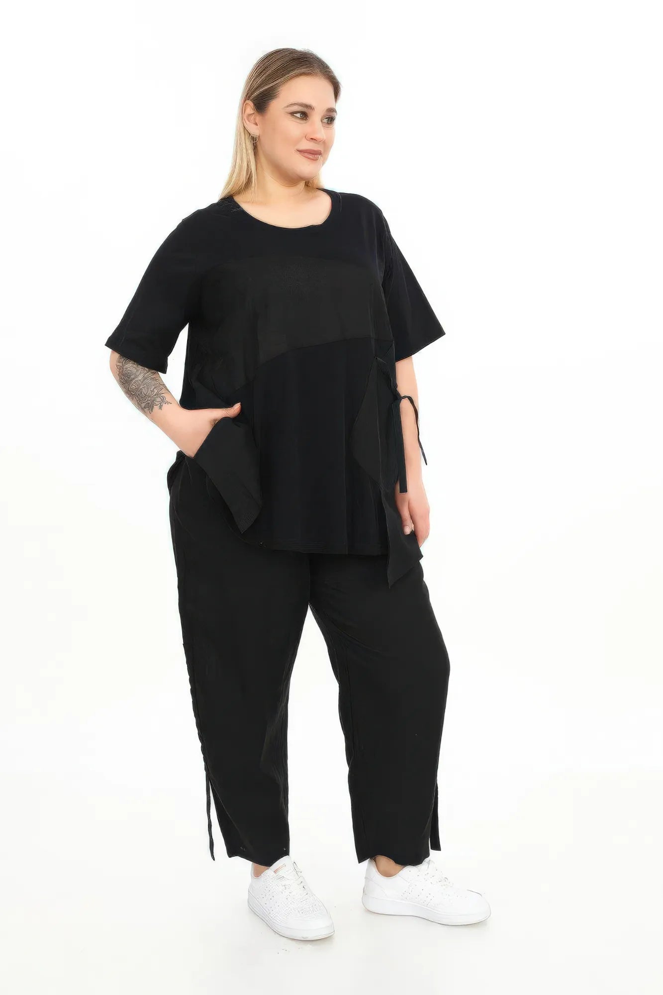  Karotte Hose von Divas Planet aus Leinen, DP4510, Schwarz, Schick, Modern, Bequem, Schick