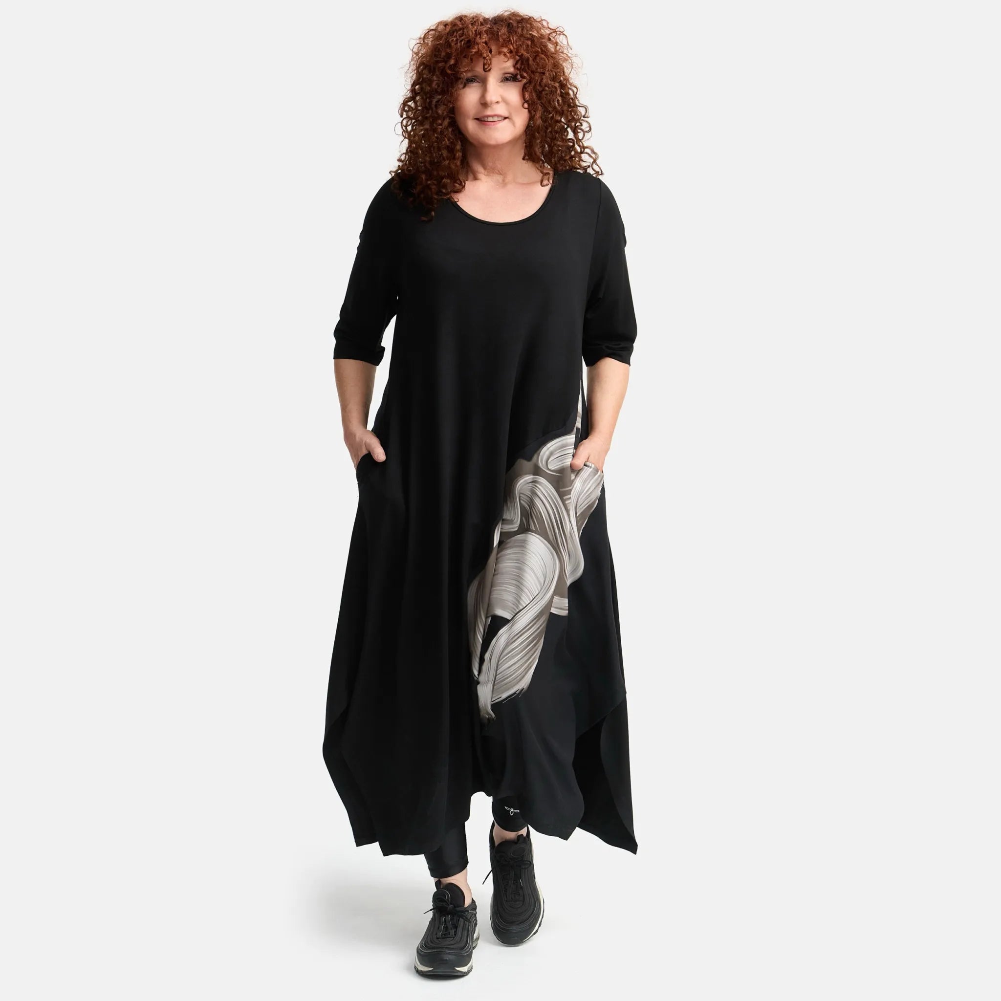  A-Form Kleid von Frenzi aus Viskose, F1514, Schwarz-Beige-Print, Schick, Modern, Bequem, Schick
