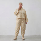Luftige Oversize Jacke aus feiner Baumwoll Popeline im ausgefallenen Lagenlook mit Batikmuster, Vanille