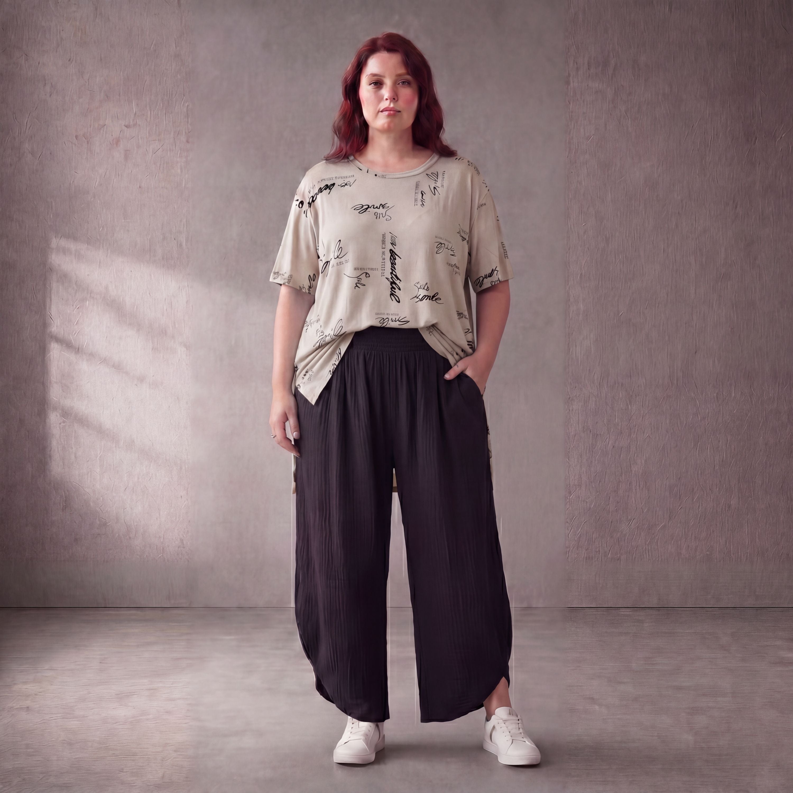 Damen Shirt Lagenlook Baumwolle Beige, A-Form, Kurzarm, Seitenschlitze, Oversize große Größen – Funky Diva